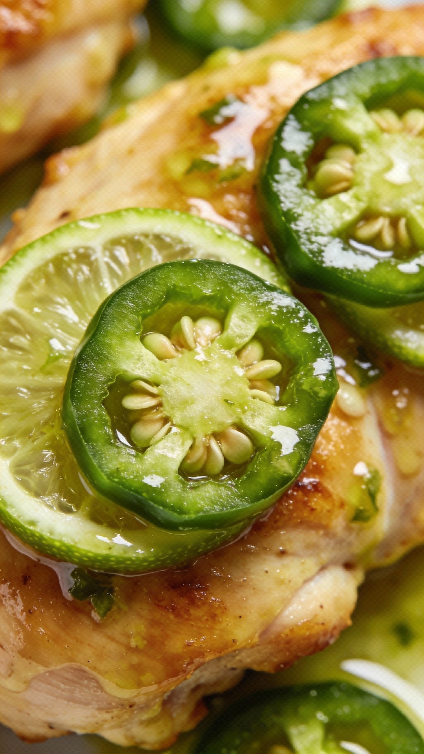 macro shot sliced jalapeño on lime-dressed chicken thigh