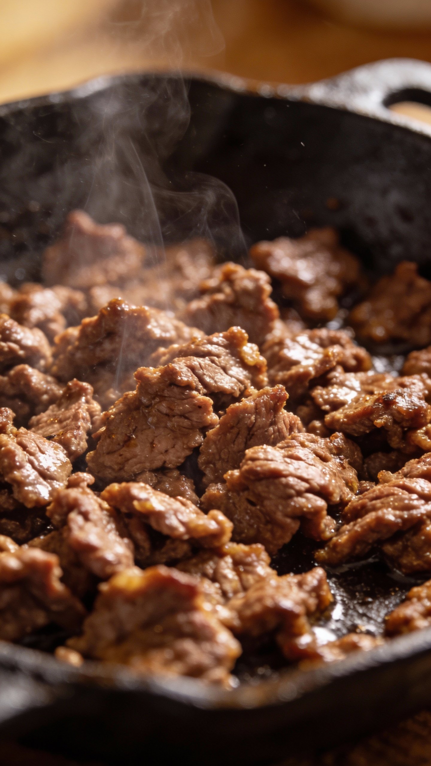 seared lean beef crumbles in skillet, steam rising