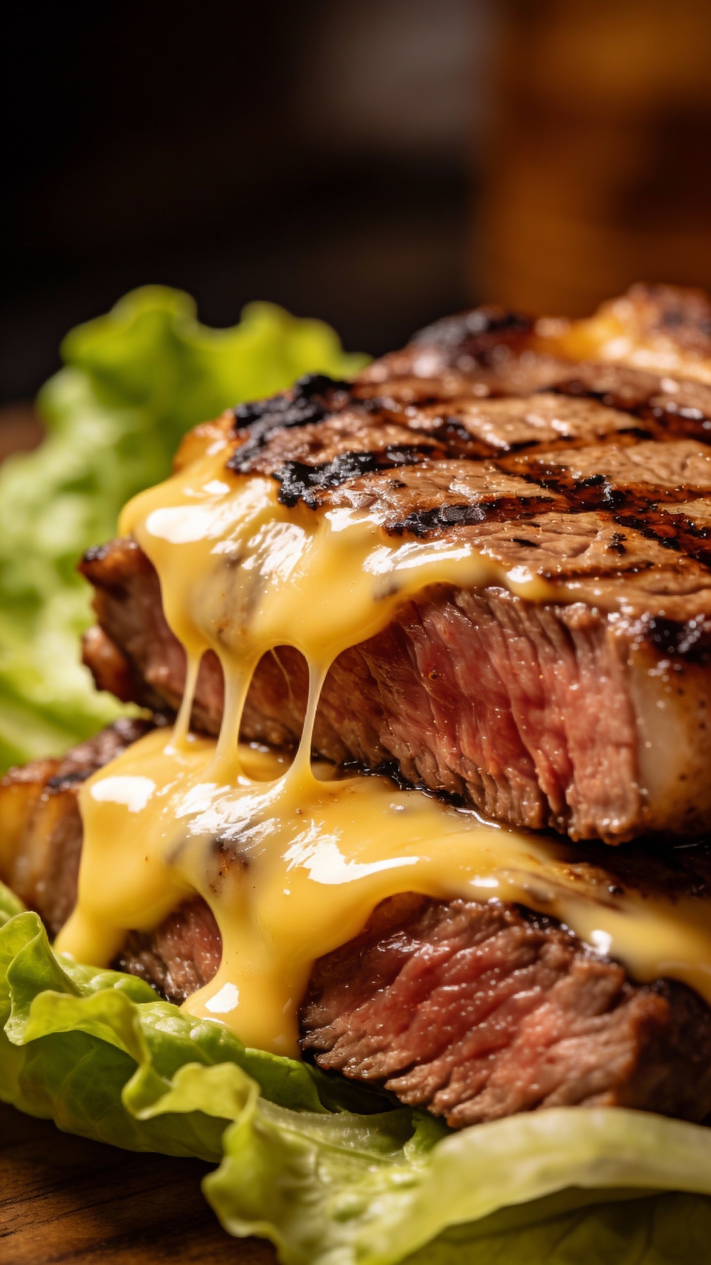 closeup ribeye slices with melted provolone on romaine