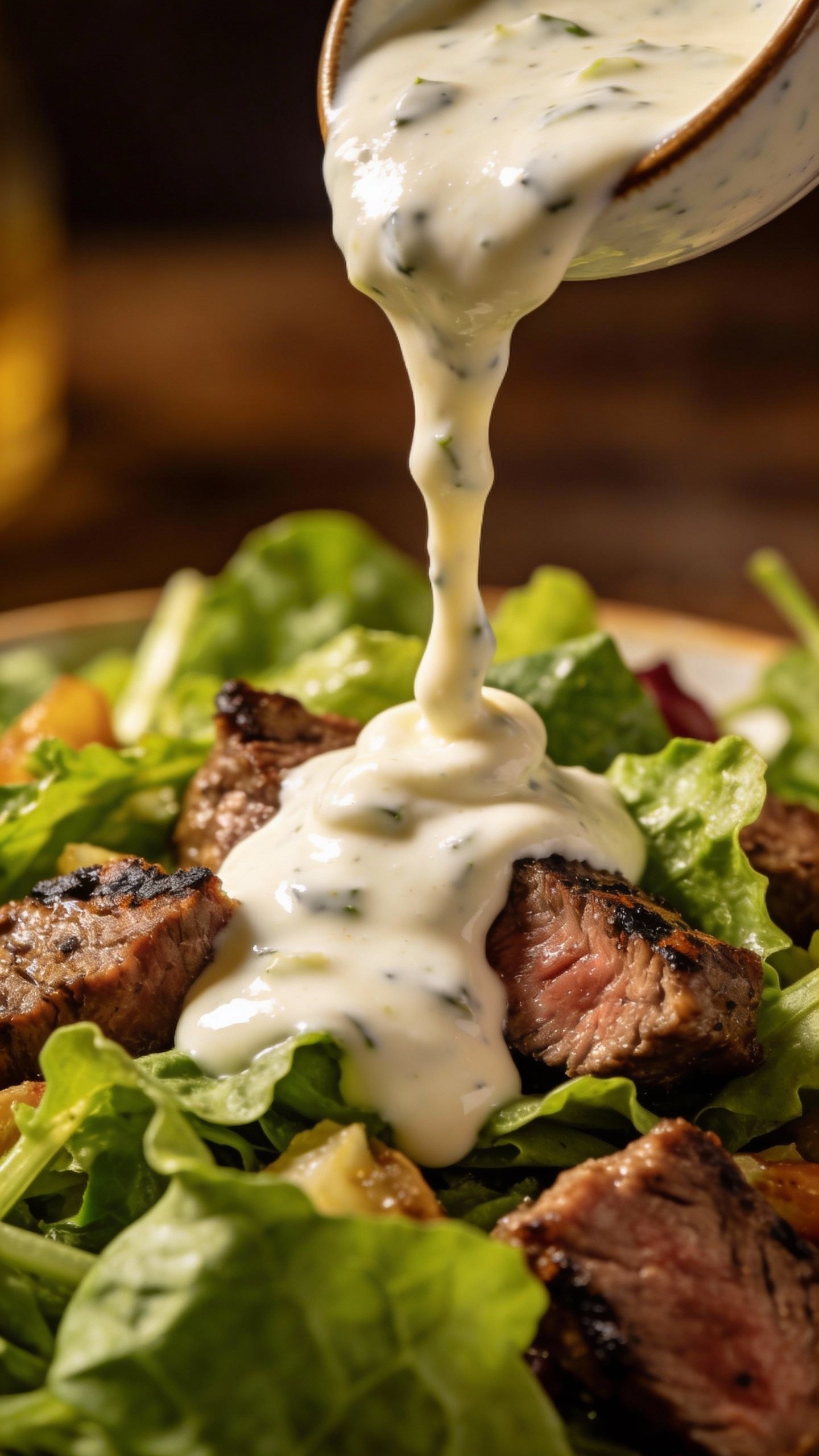 creamy Greek yogurt ranch drizzle on steak salad leaf