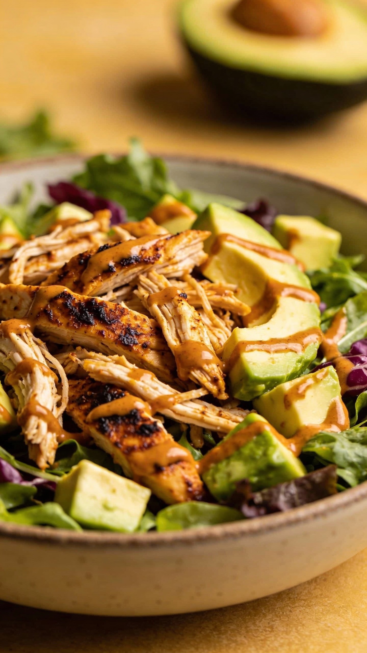 closeup bowl of smoky chipotle chicken salad with avocado