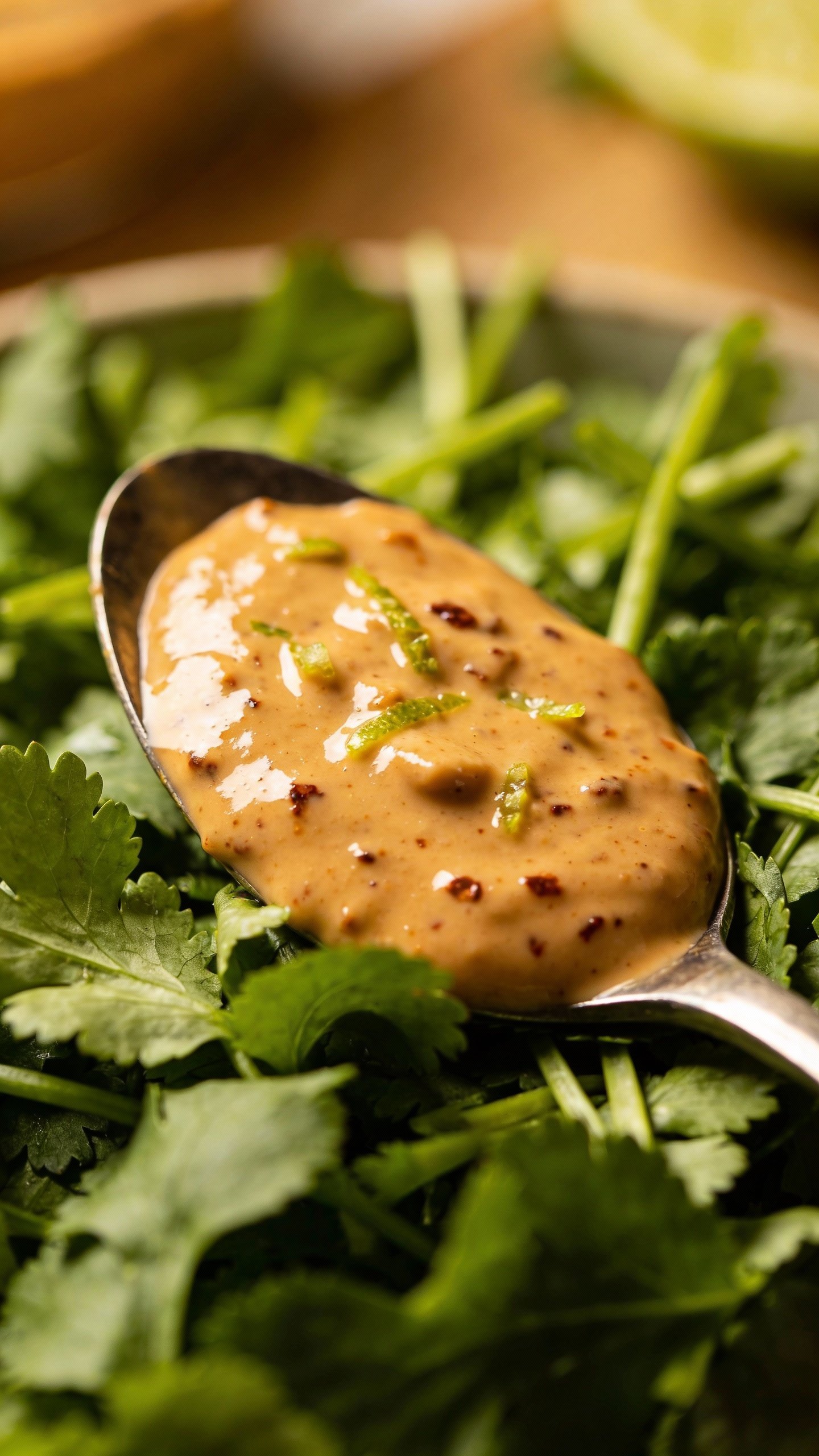 spoonful of creamy chipotle-lime dressing over cilantro greens