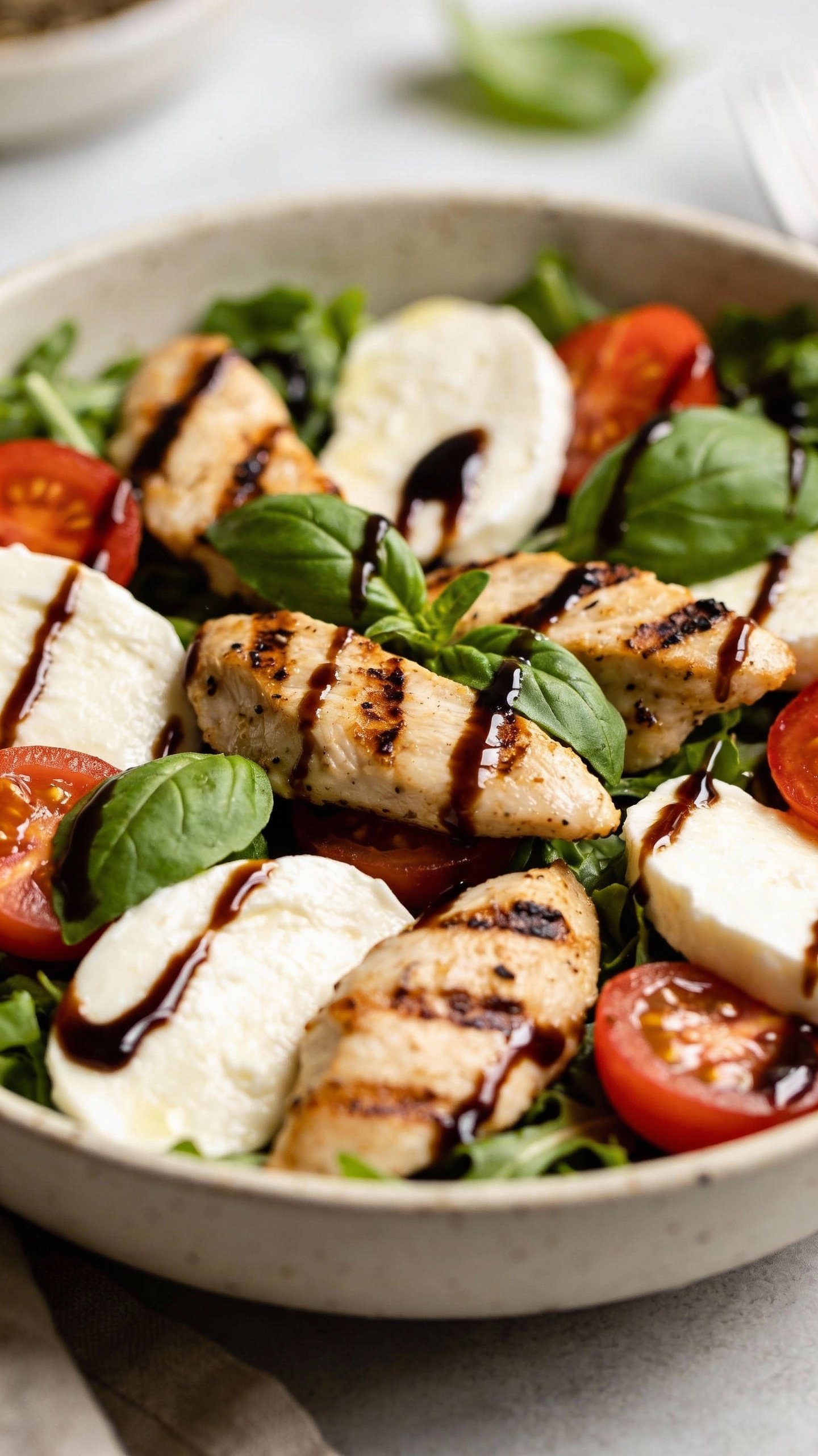 closeup bowl of caprese chicken salad with balsamic drizzle