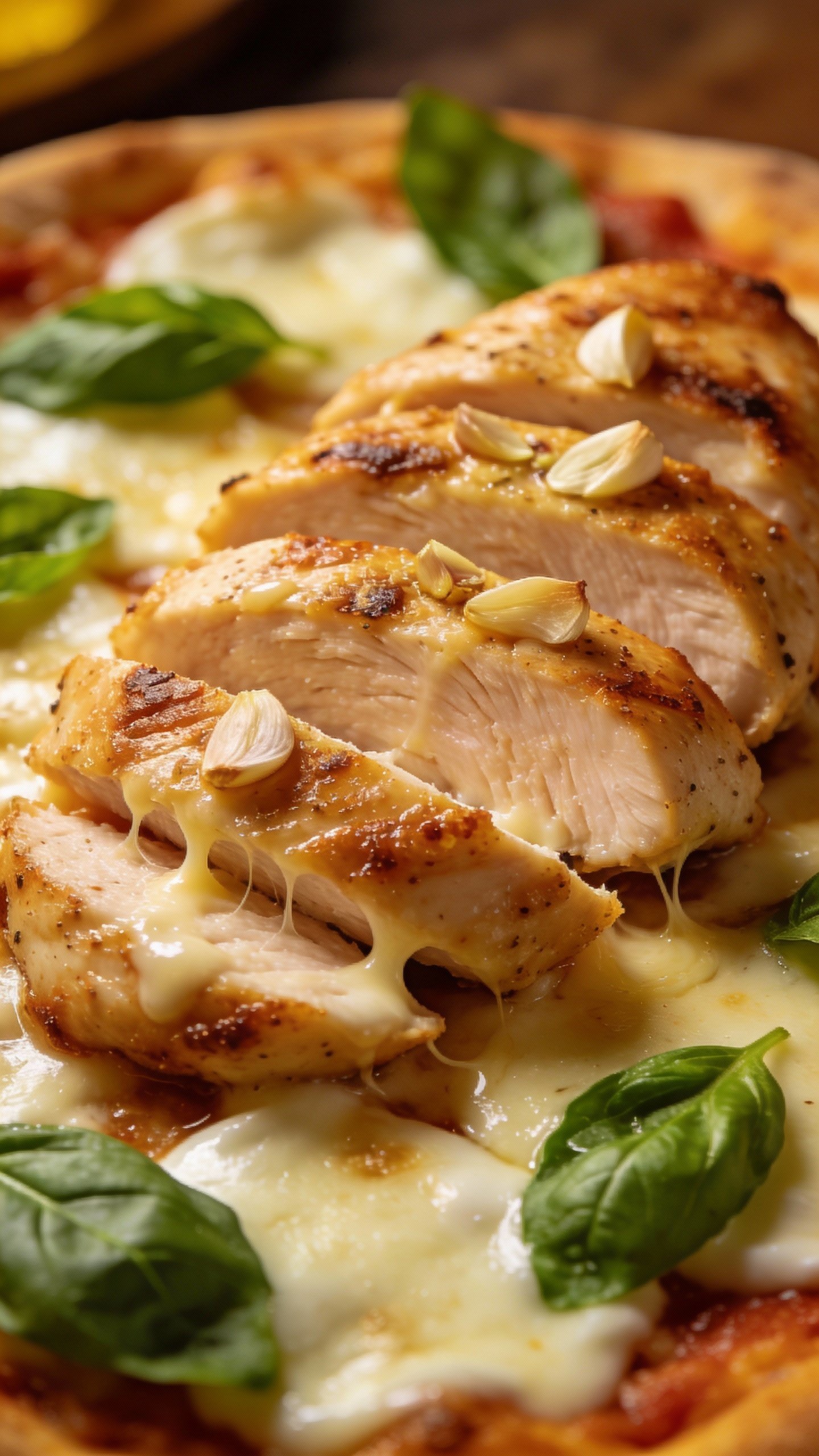 sliced garlicky chicken breast atop mozzarella and basil, closeup