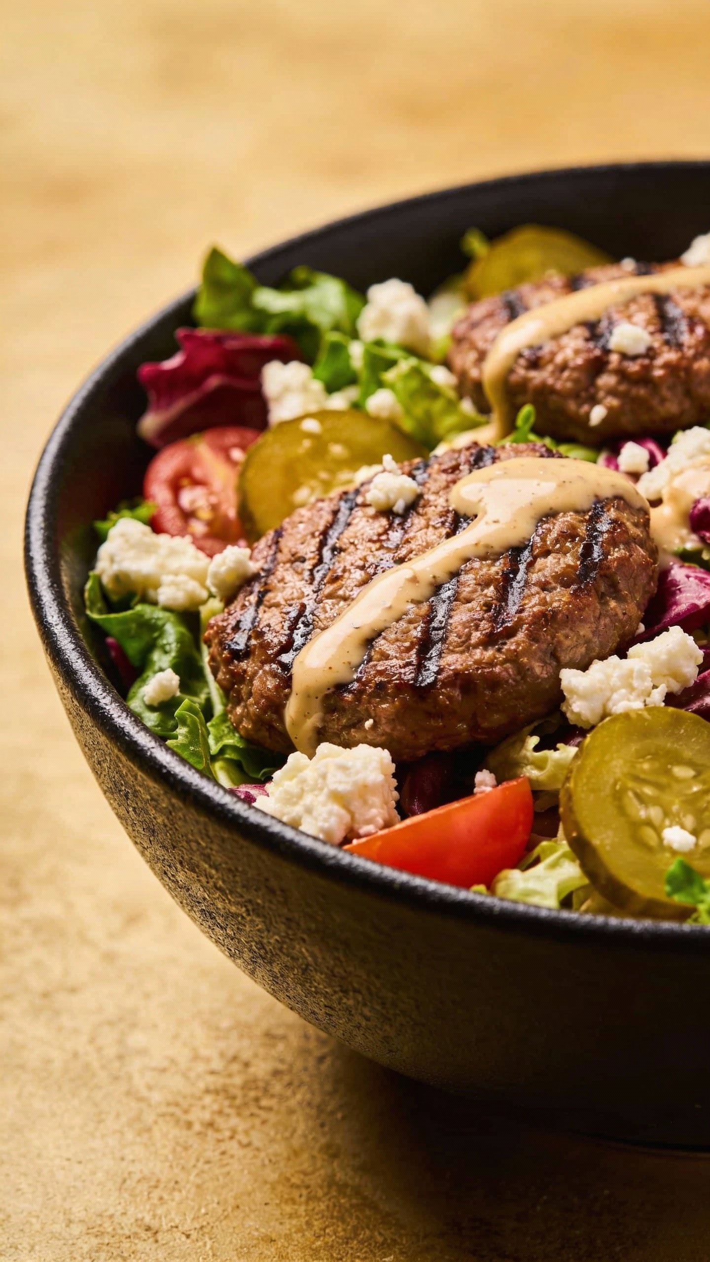 closeup high-protein cheeseburger salad in matte black bowl