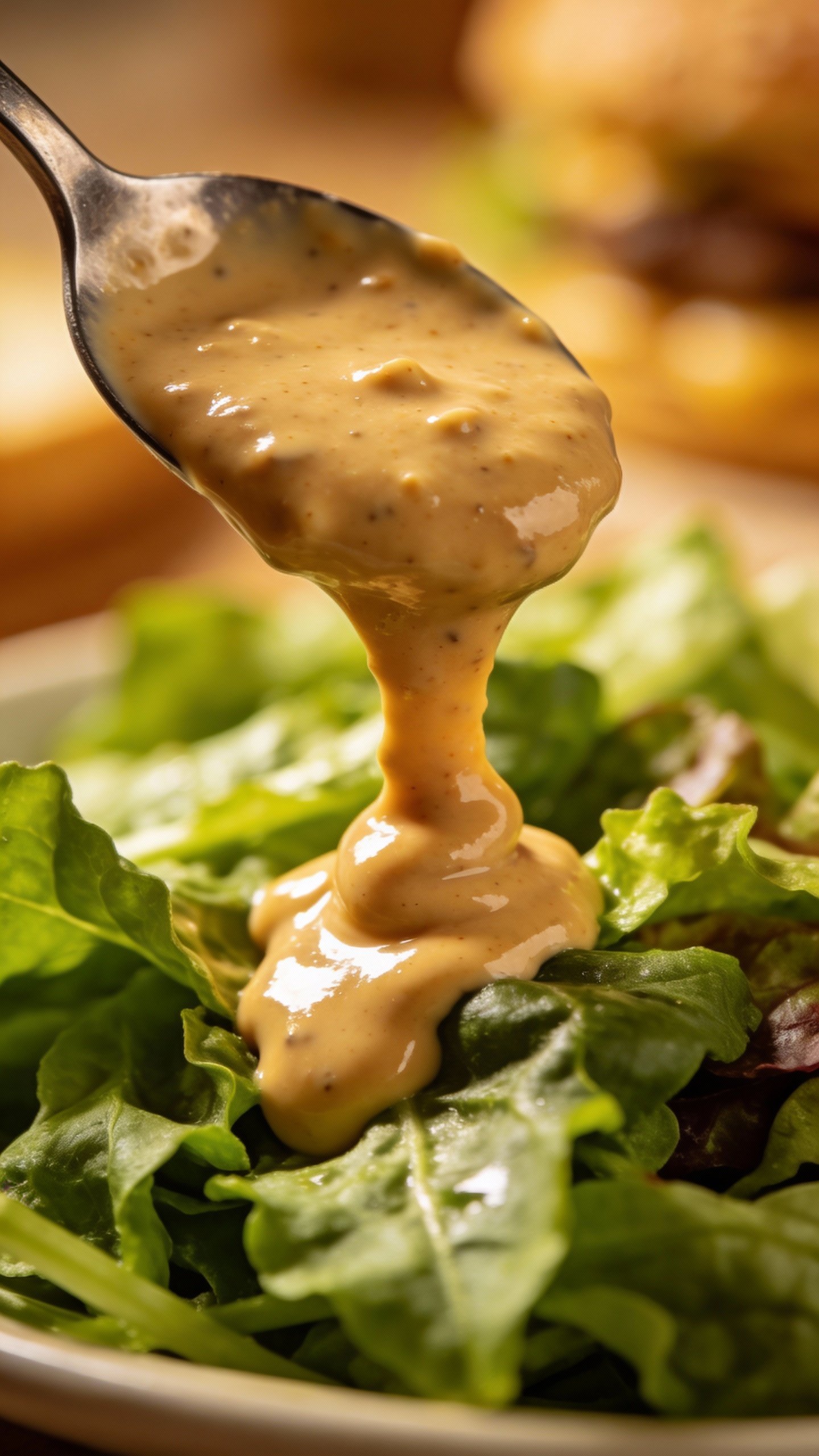spoonful of creamy burger secret sauce over greens