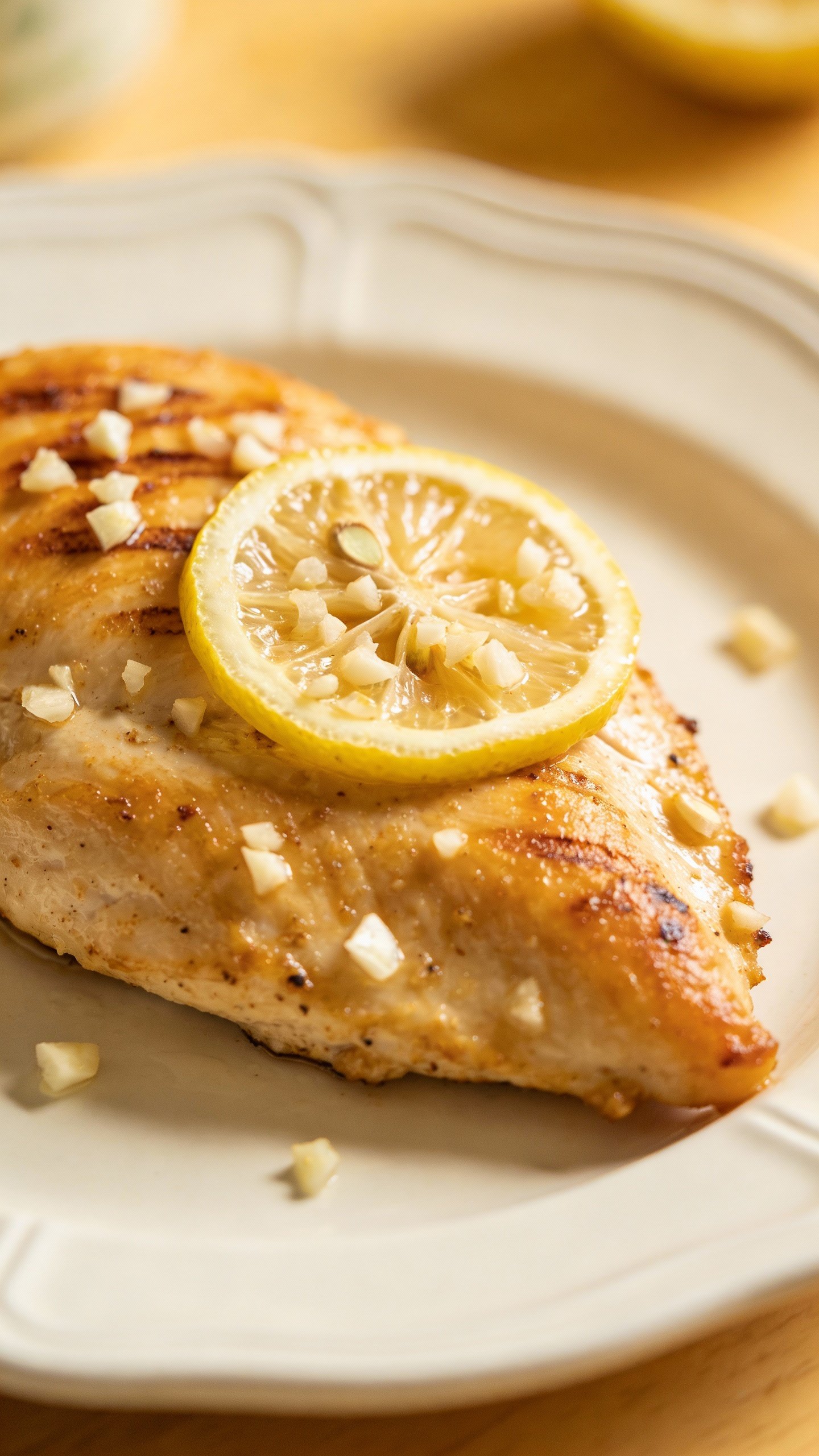 closeup lemon garlic chicken breast on white ceramic plate