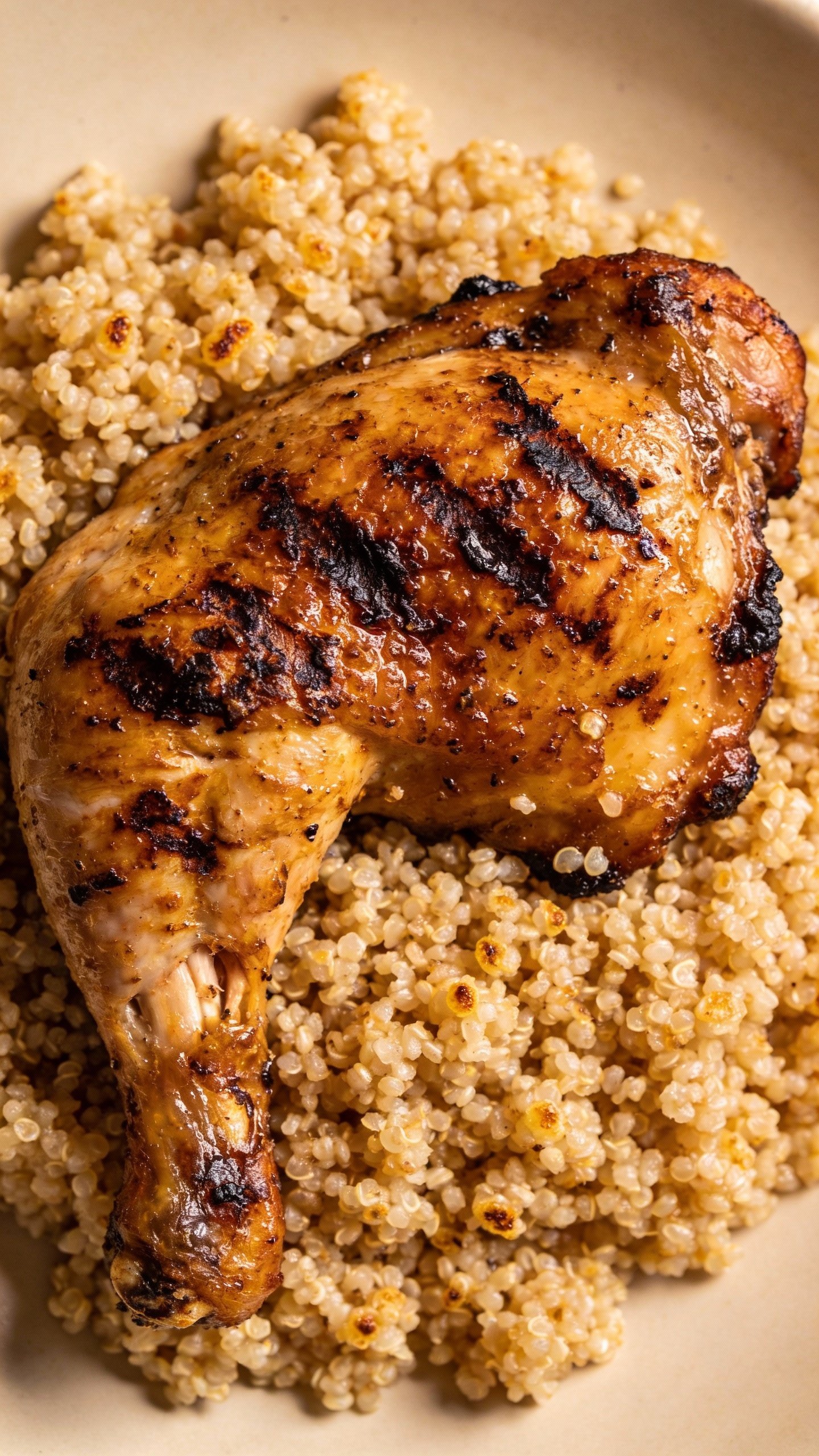 grilled chicken thigh over quinoa, tight overhead shot
