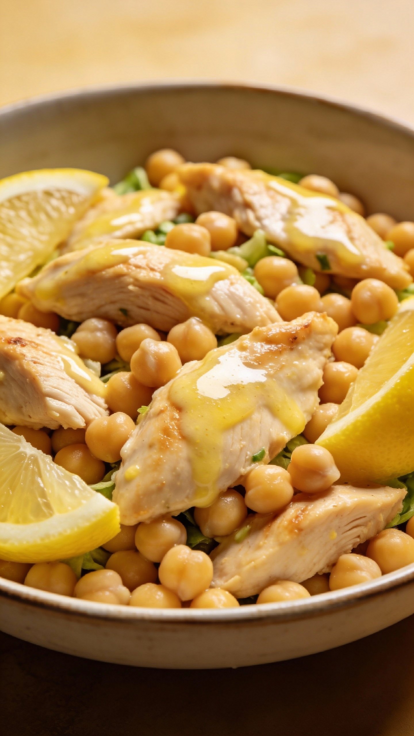 chickpea-studded lemon chicken salad in shallow bowl