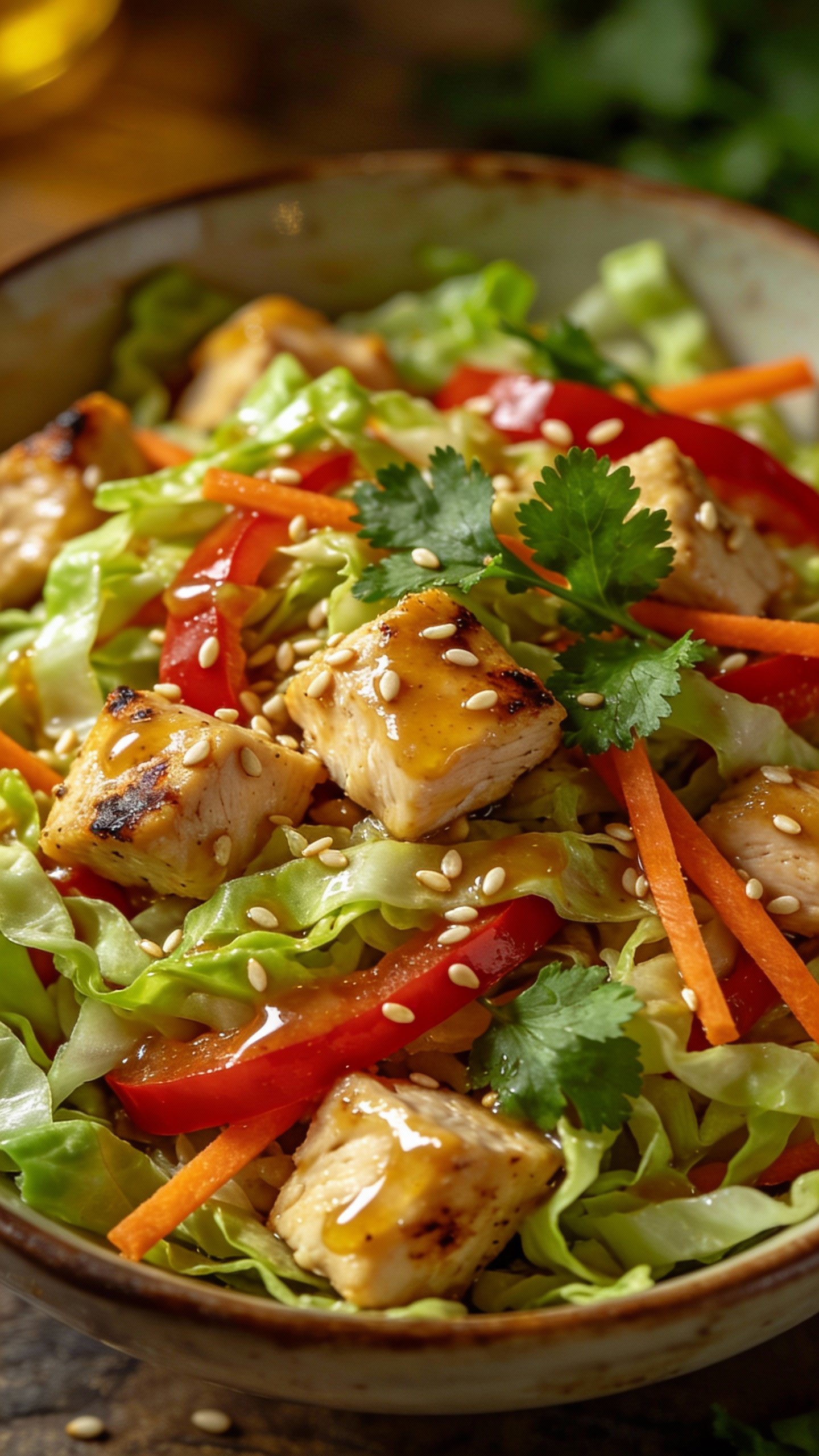 closeup bowl of high-protein Asian chicken slaw