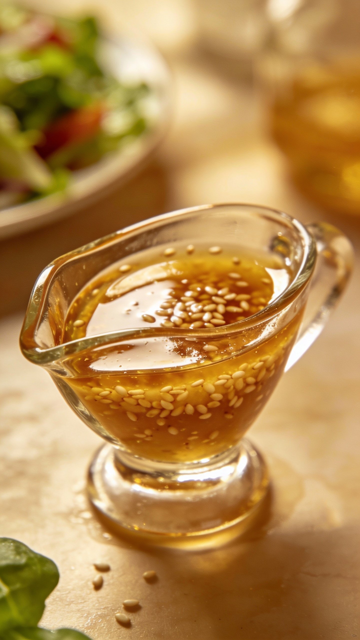 glossy sesame-ginger dressing in small glass pourer