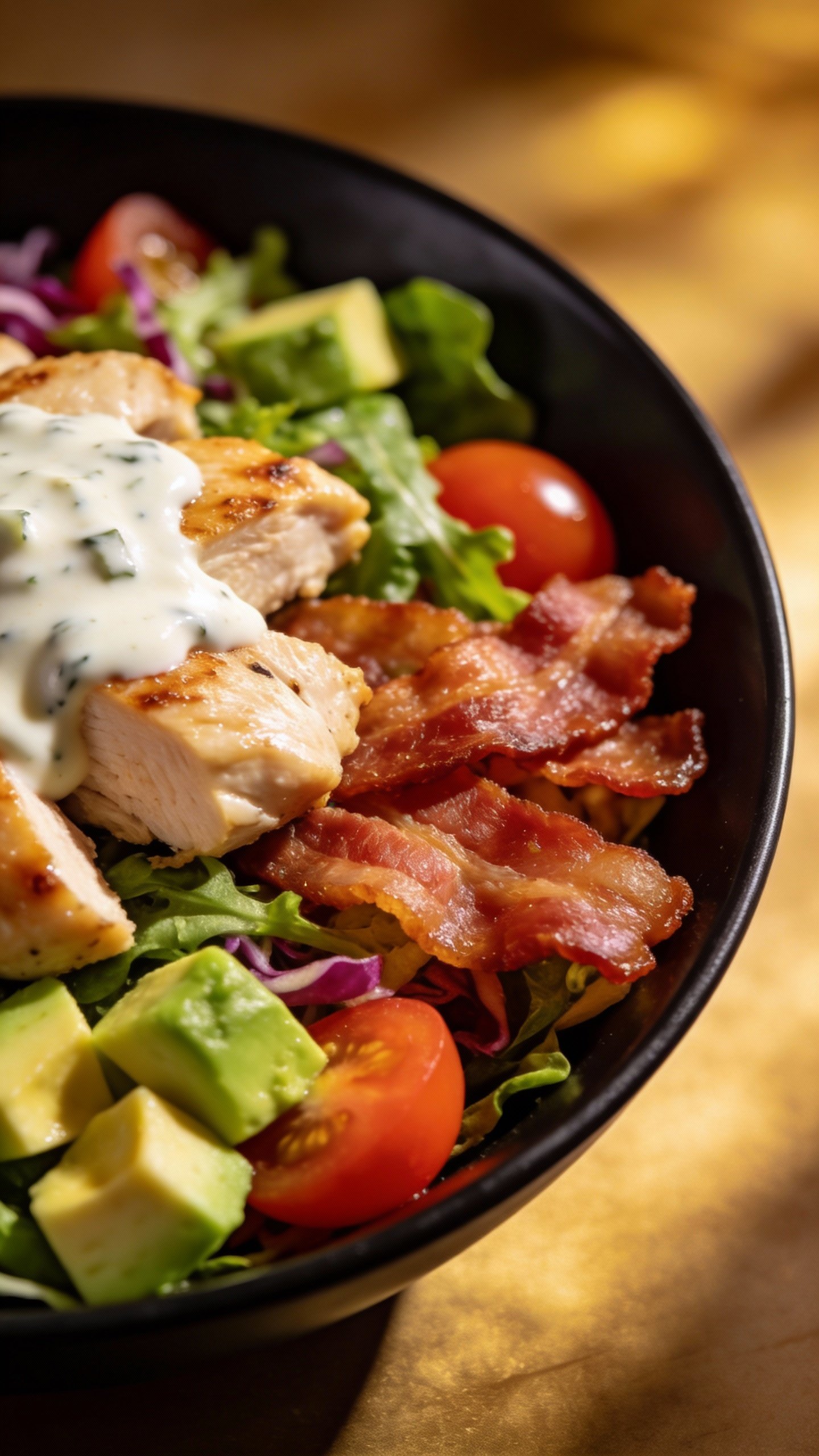 closeup of chicken bacon ranch salad in matte black bowl