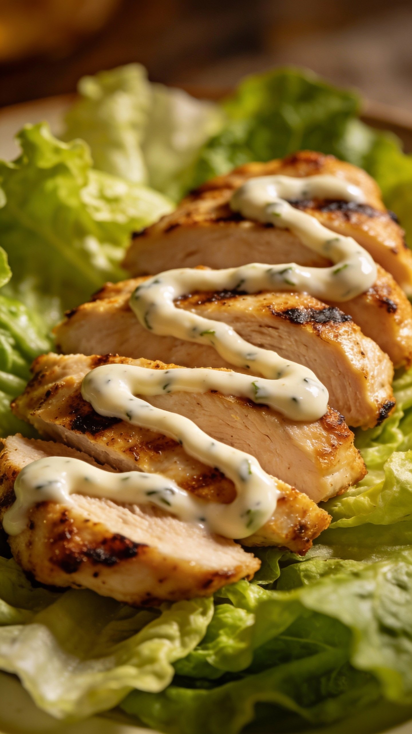 grilled chicken breast slices on romaine with creamy ranch drizzle