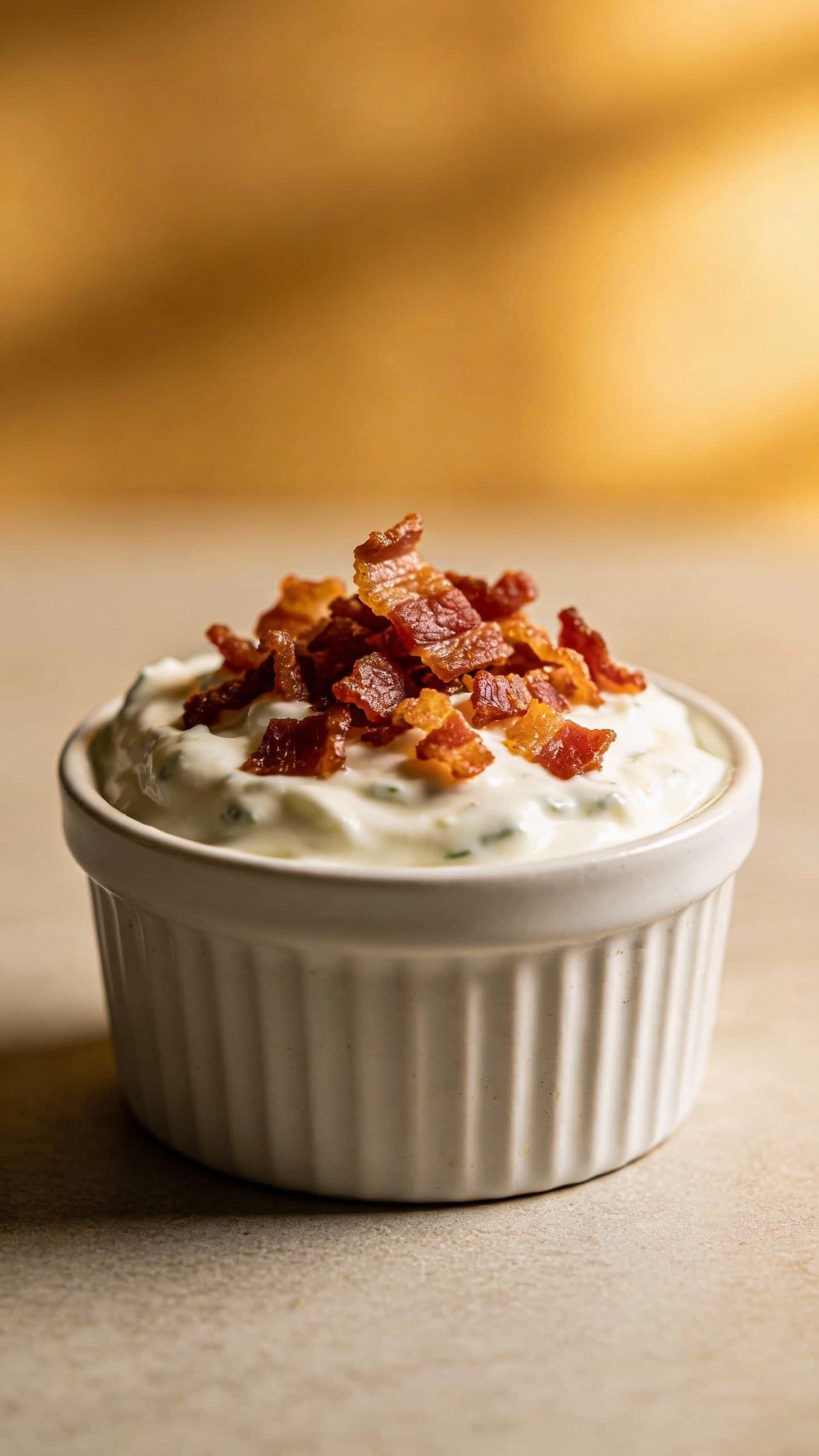 crispy bacon crumbles atop Greek yogurt ranch in small ramekin