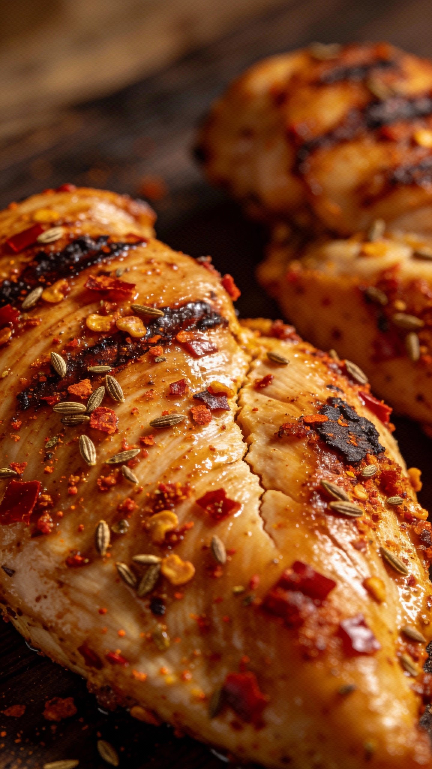 grilled chicken breast with Tex-Mex spice rub, macro shot