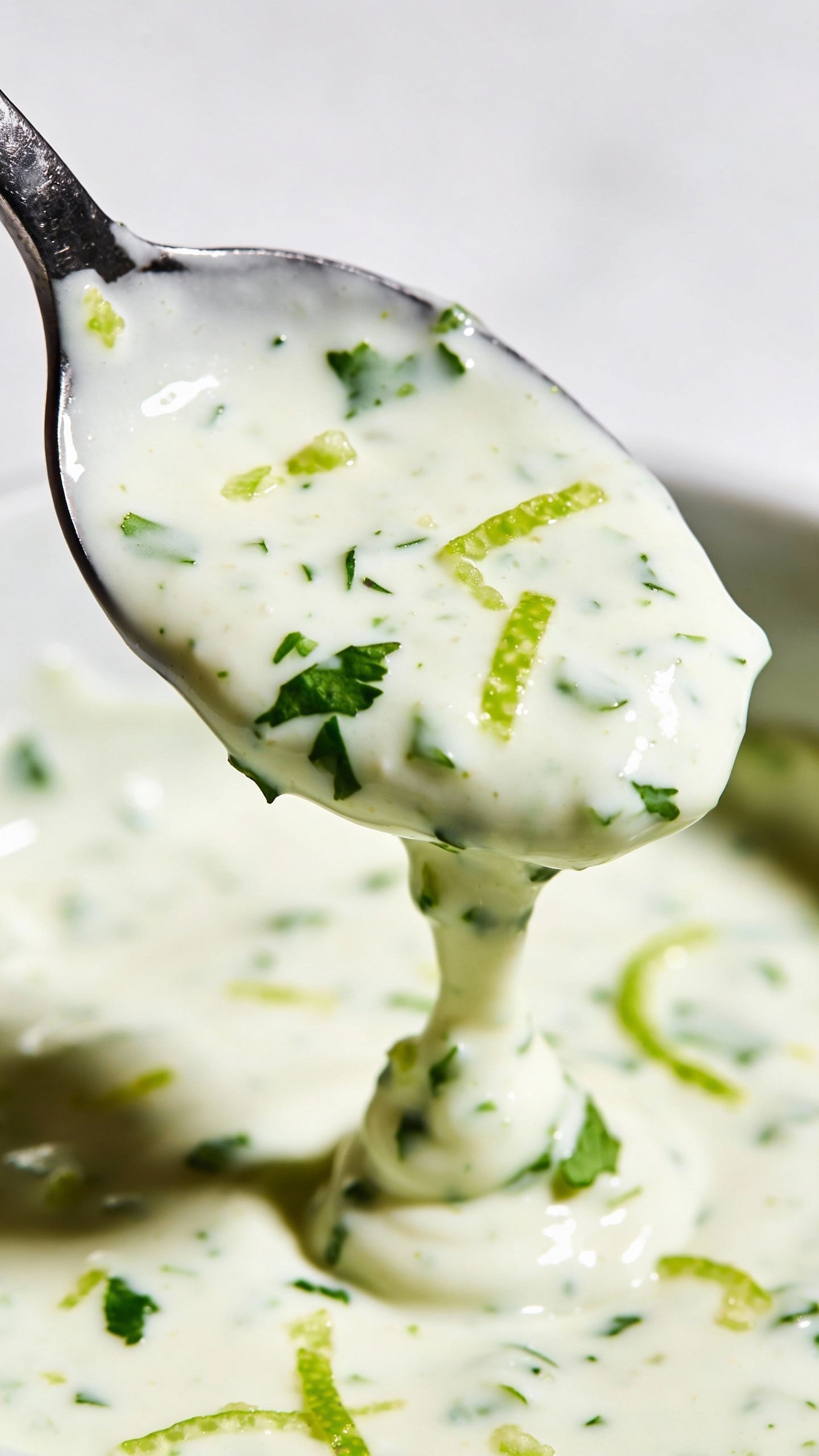 spoonful of creamy cilantro-lime dressing dripping, studio closeup