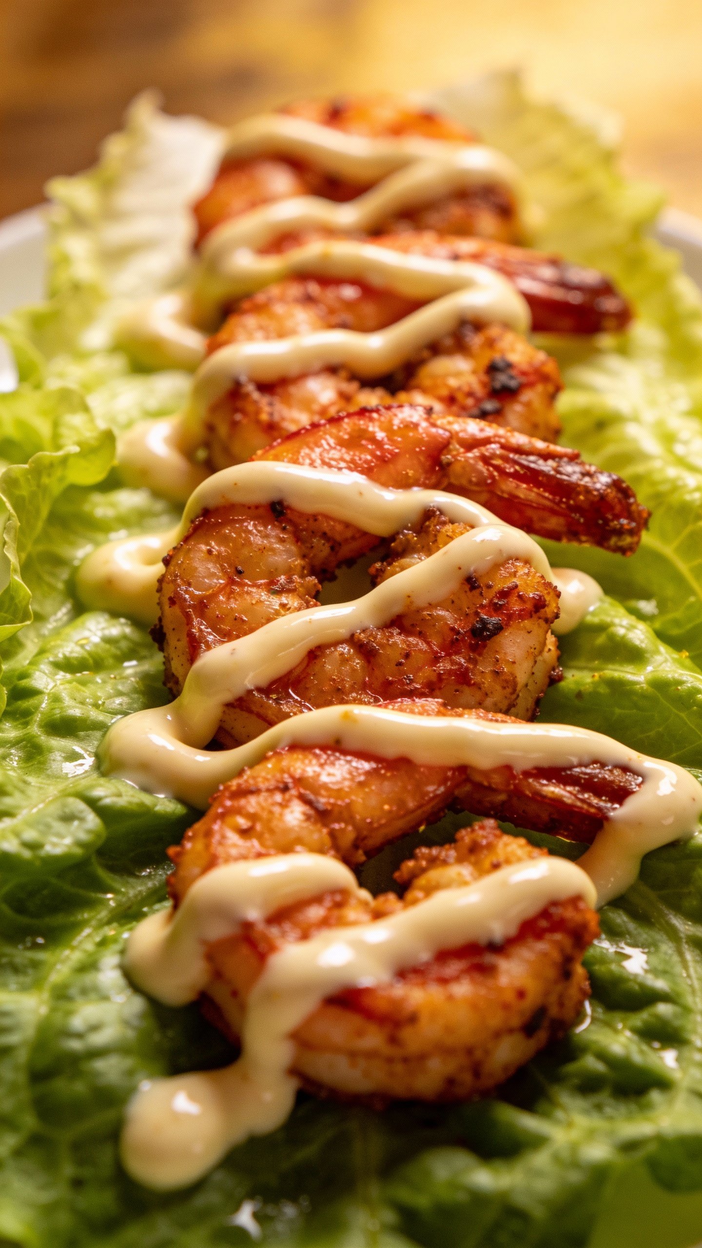 closeup Cajun shrimp on romaine with creamy dressing drizzle
