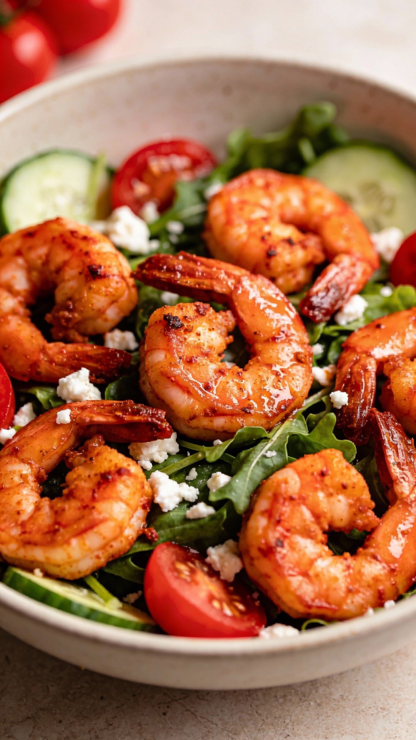 single bowl spicy Cajun shrimp protein salad, overhead shot