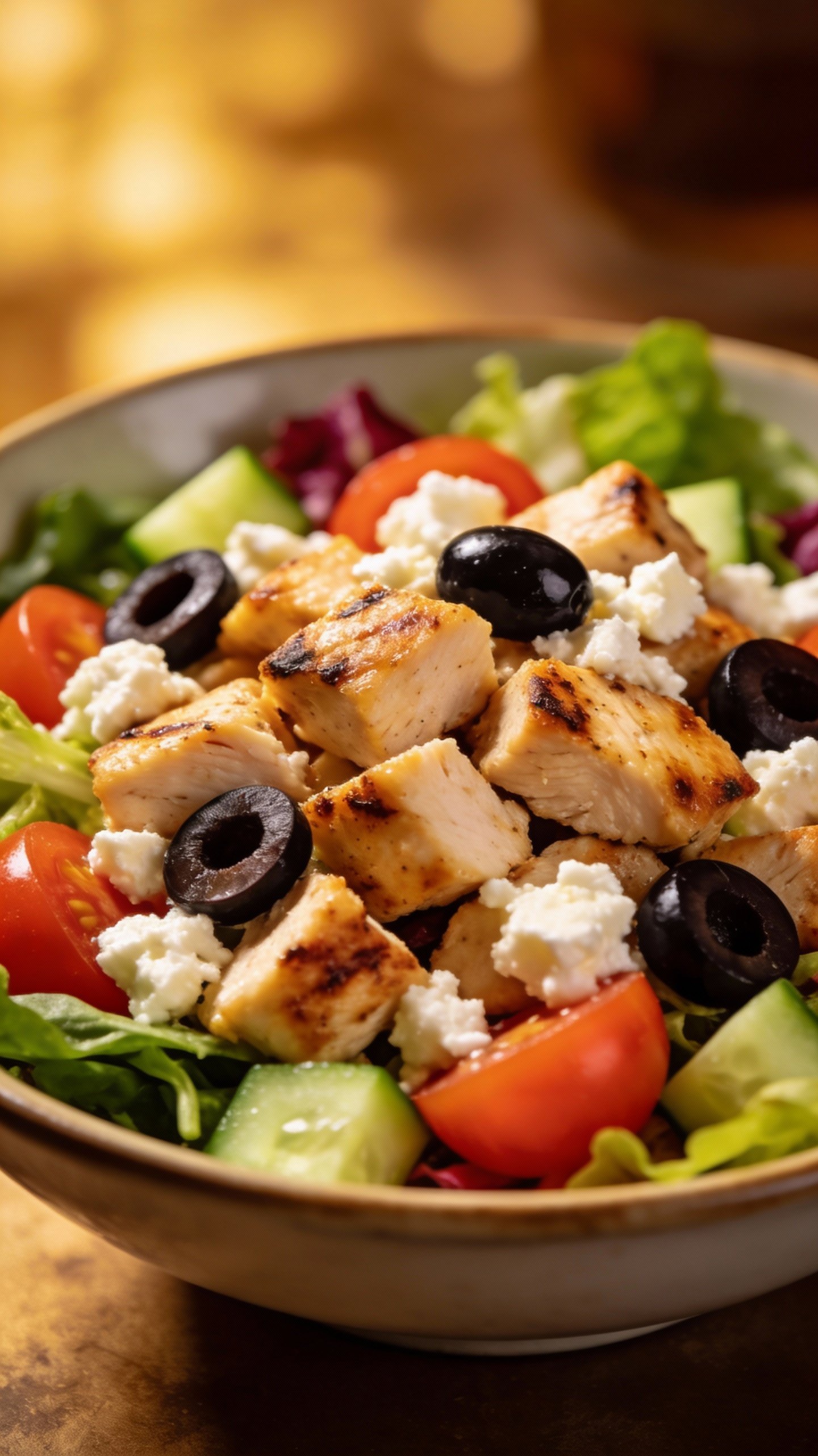 closeup bowl of Mediterranean chicken salad with feta and olives
