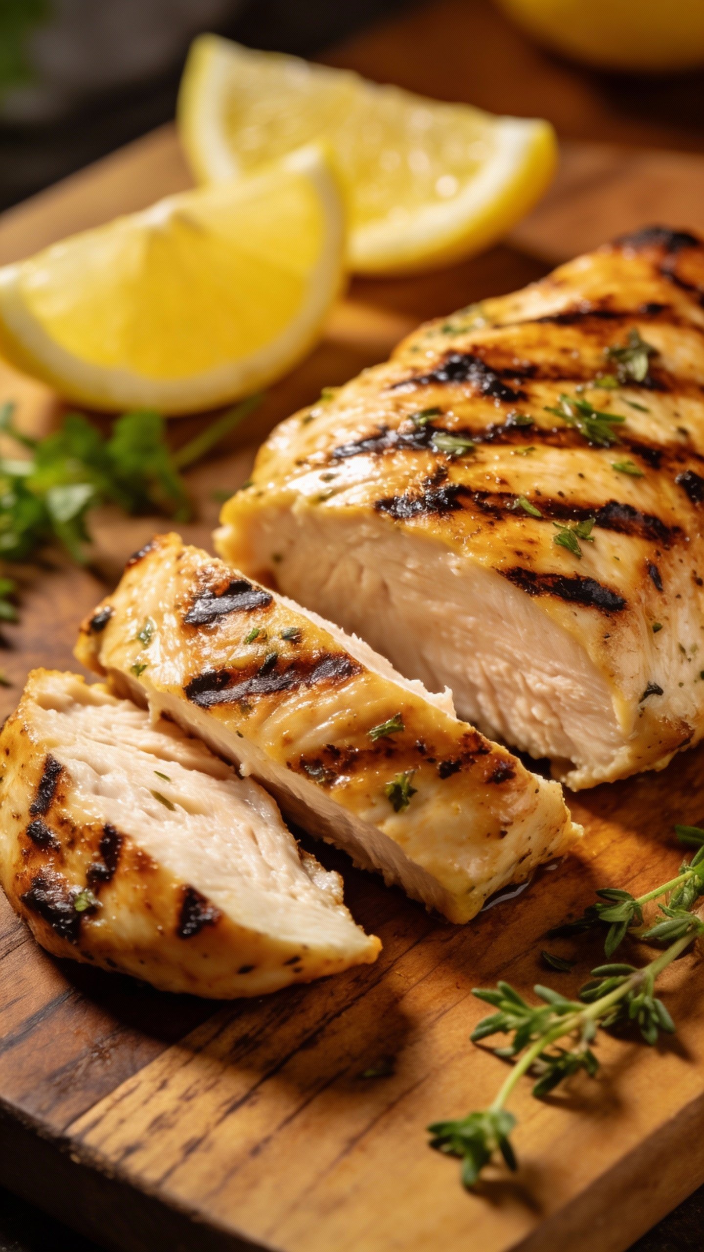 grilled lemon-herb chicken breast sliced on wooden board