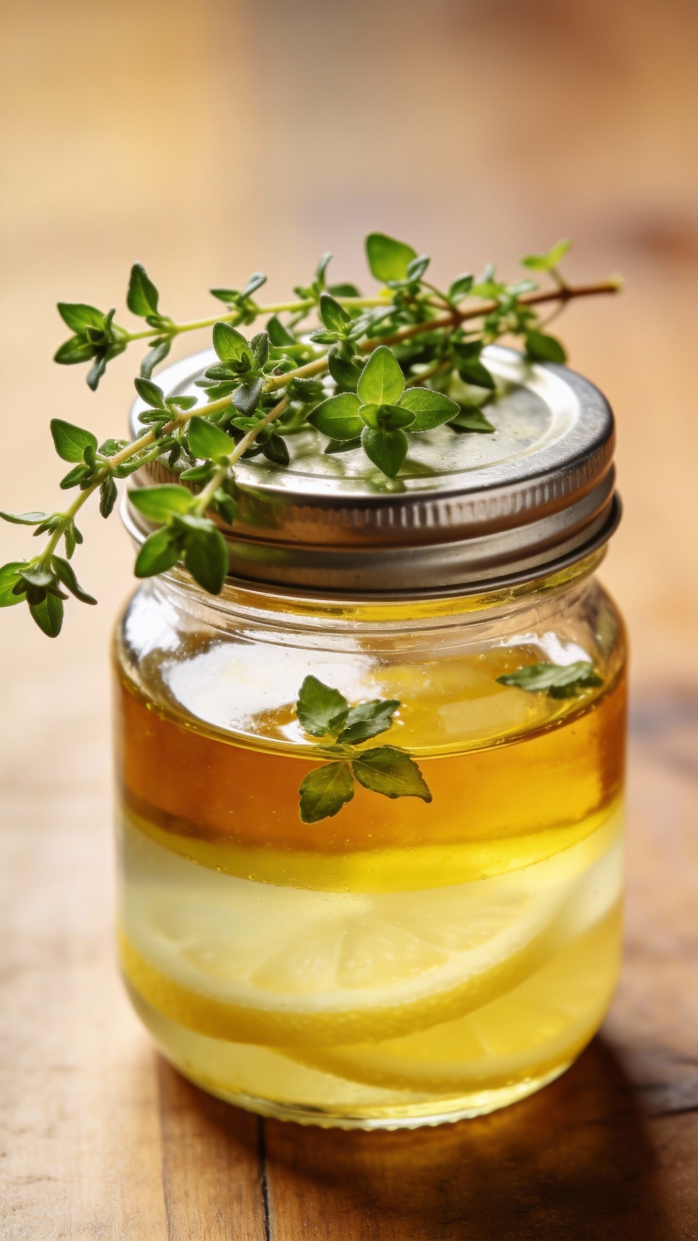 small jar of lemon-olive oil dressing with fresh oregano