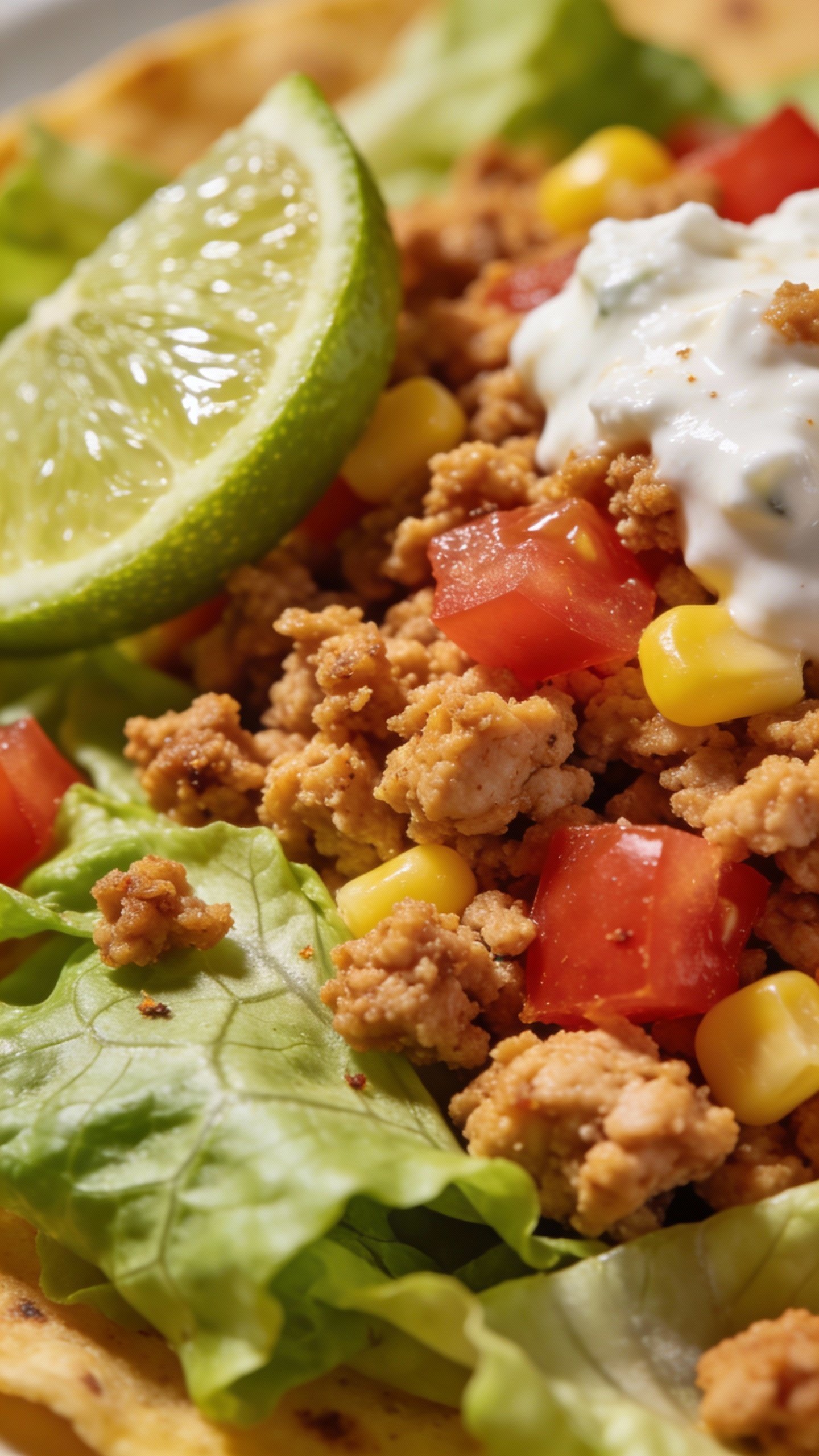 macro shot of seasoned ground turkey taco salad with lime wedge