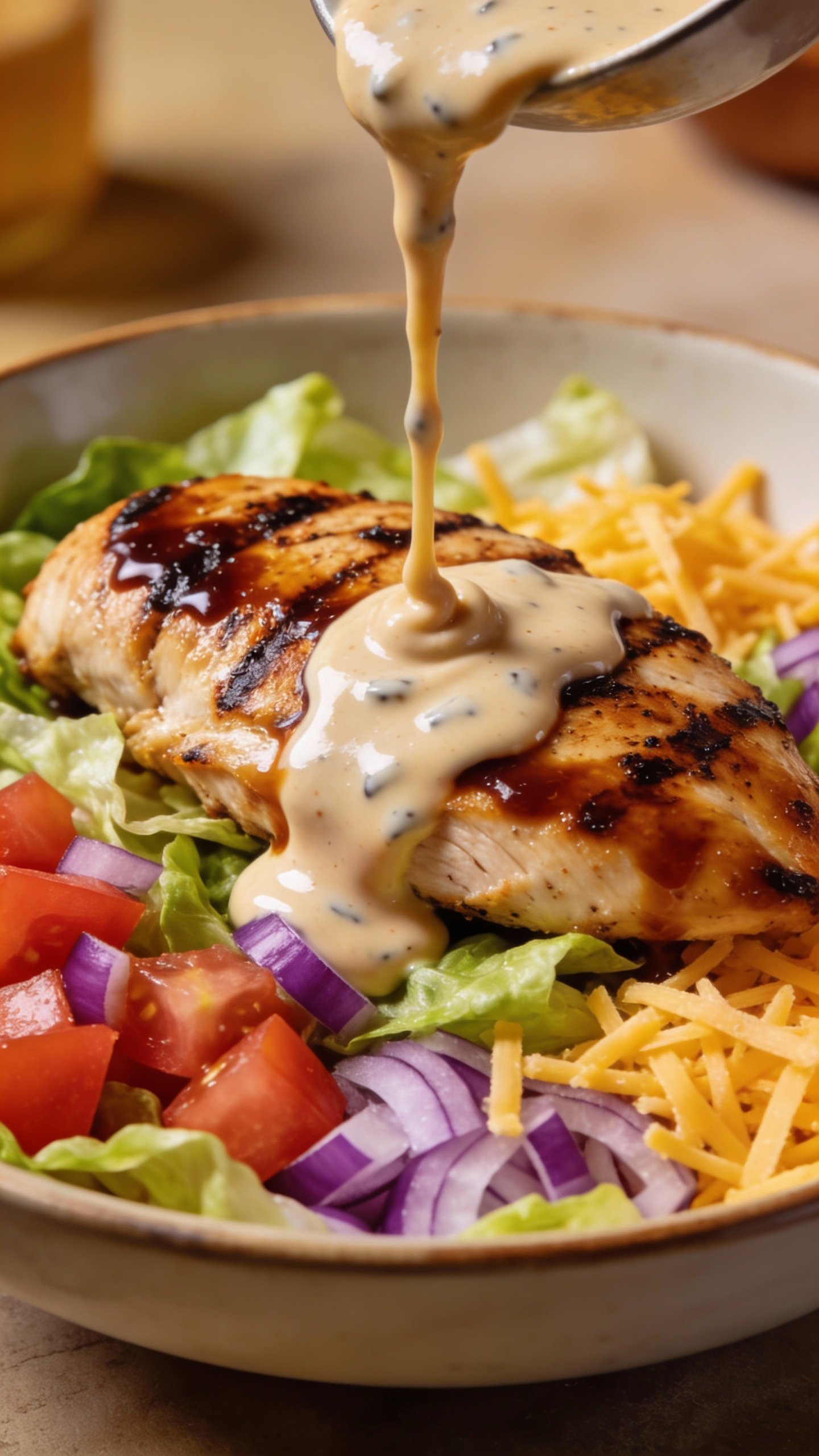 closeup bowl of BBQ ranch chicken salad with grilled breast