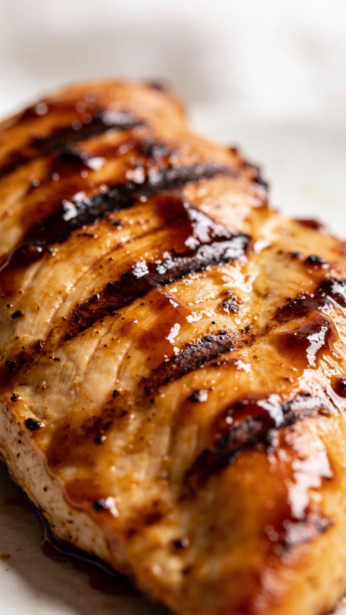 single grilled chicken breast brushed with glossy BBQ sauce
