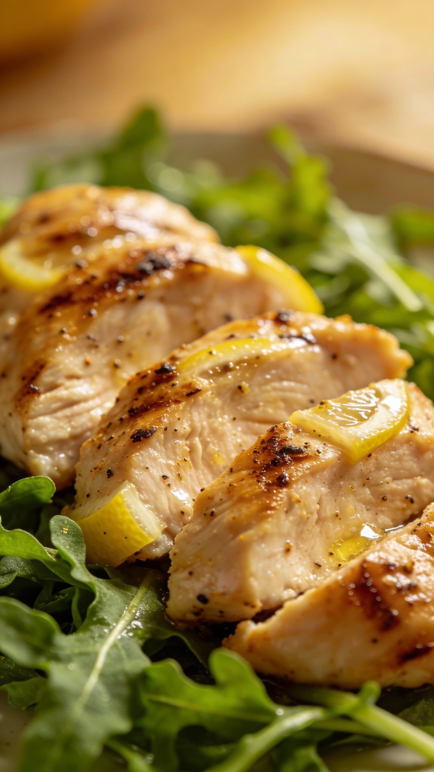 closeup lemon pepper chicken breast slices on arugula