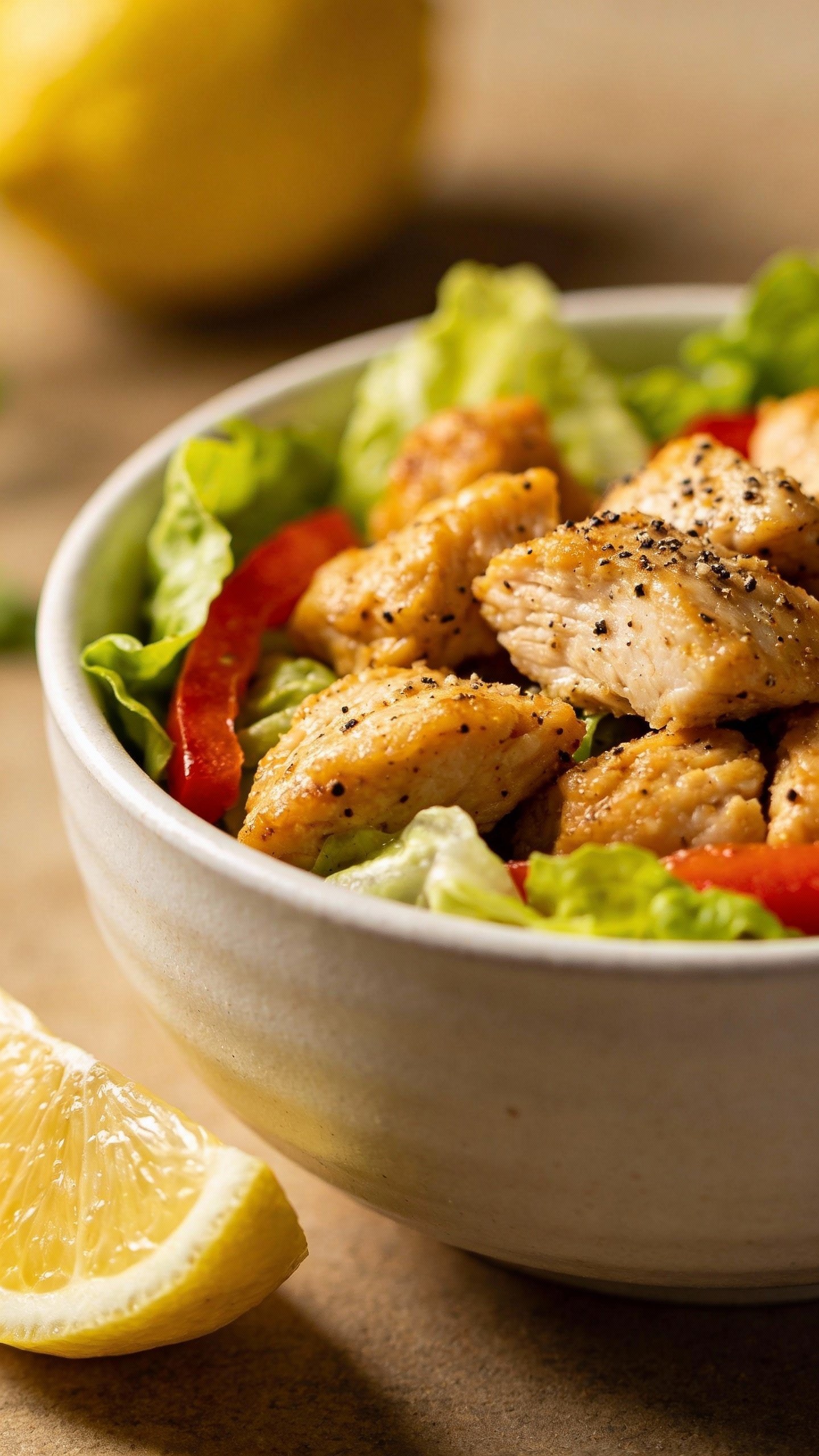 single bowl lemon pepper chicken salad with cracked pepper