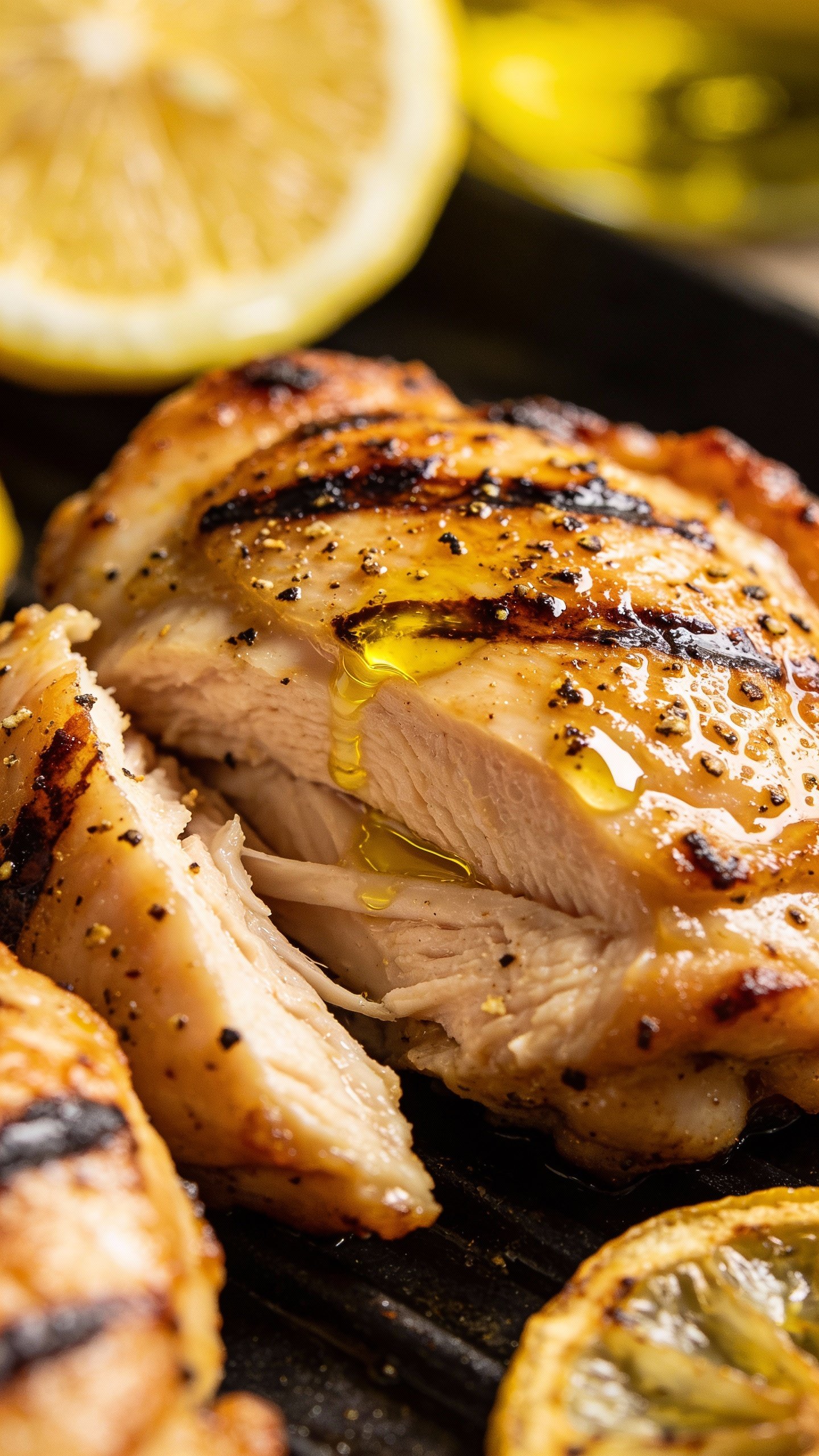 grilled lemon pepper chicken thigh, glossy olive oil finish