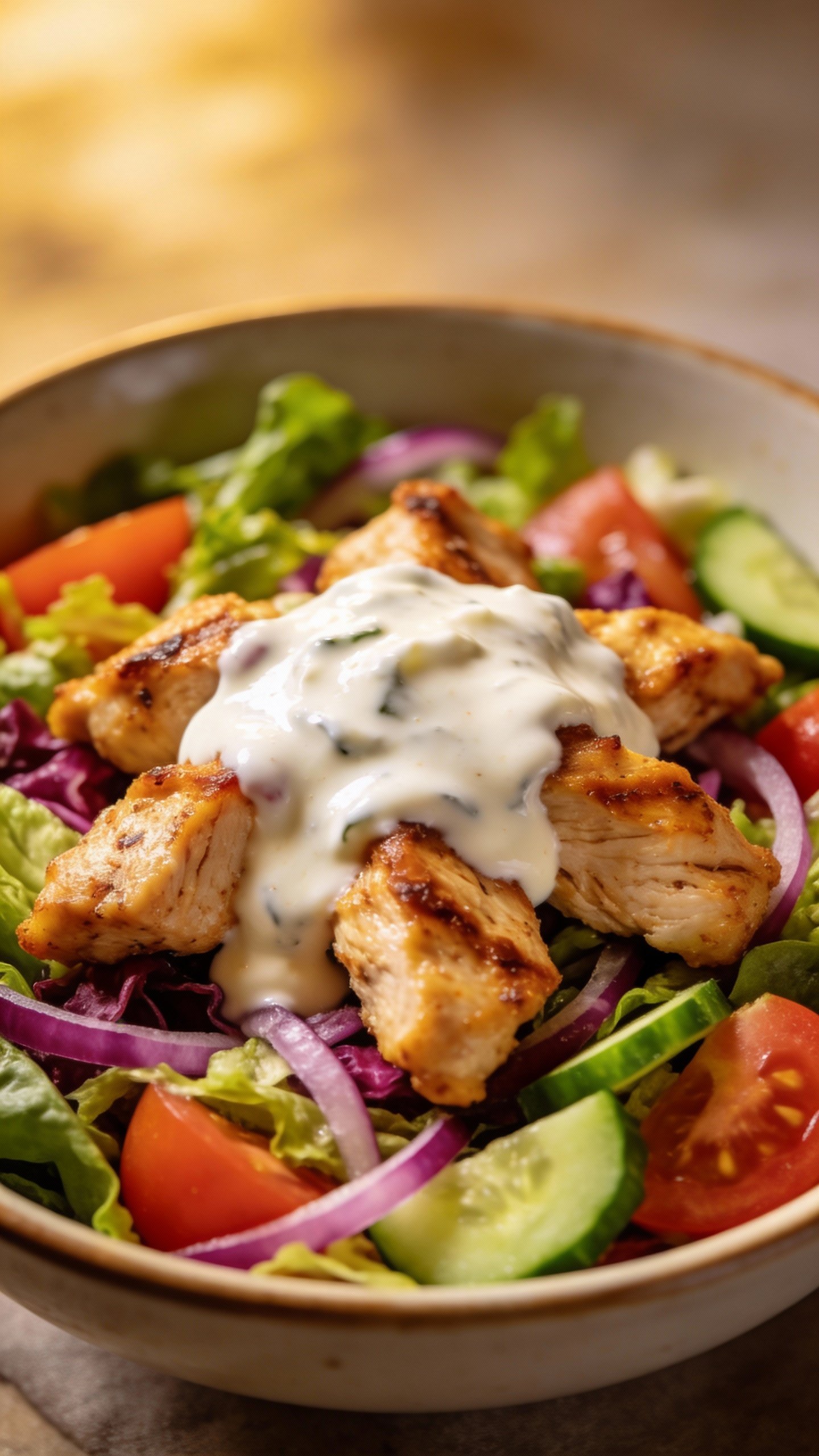 Closeup bowl of chicken shawarma salad with yogurt dressing