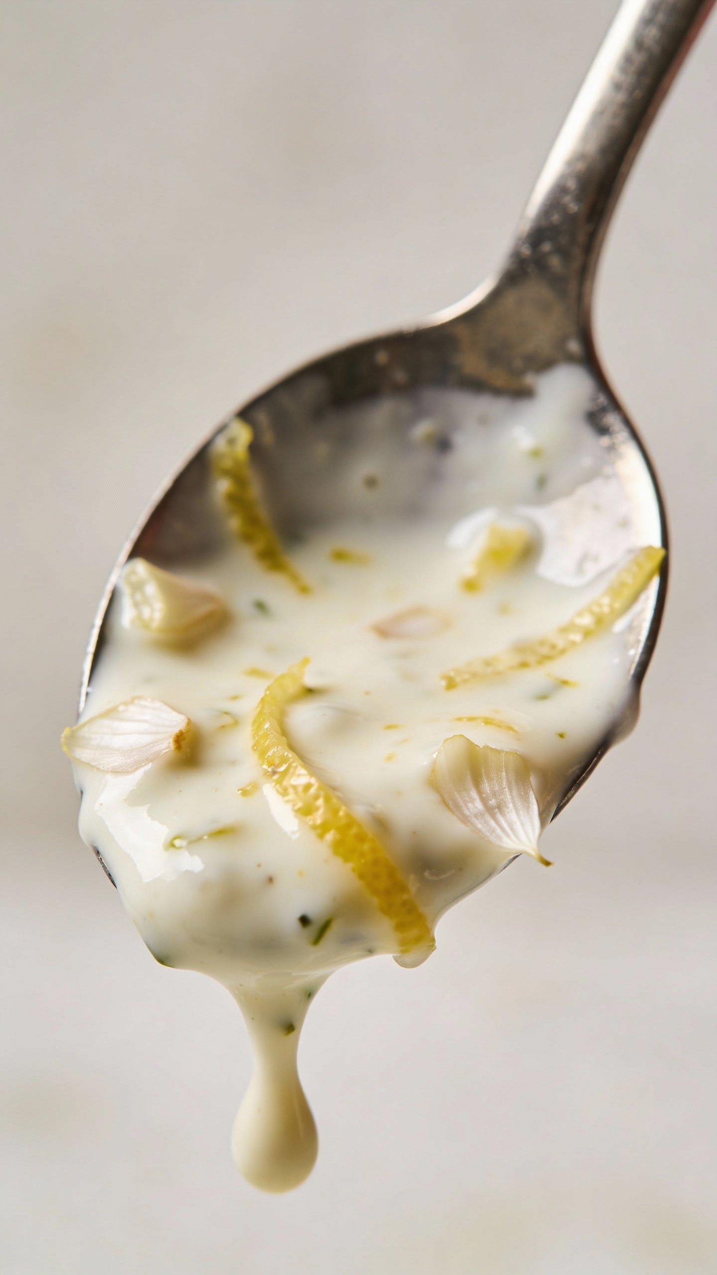 Dripping garlic-lemon yogurt dressing on silver spoon, macro shot