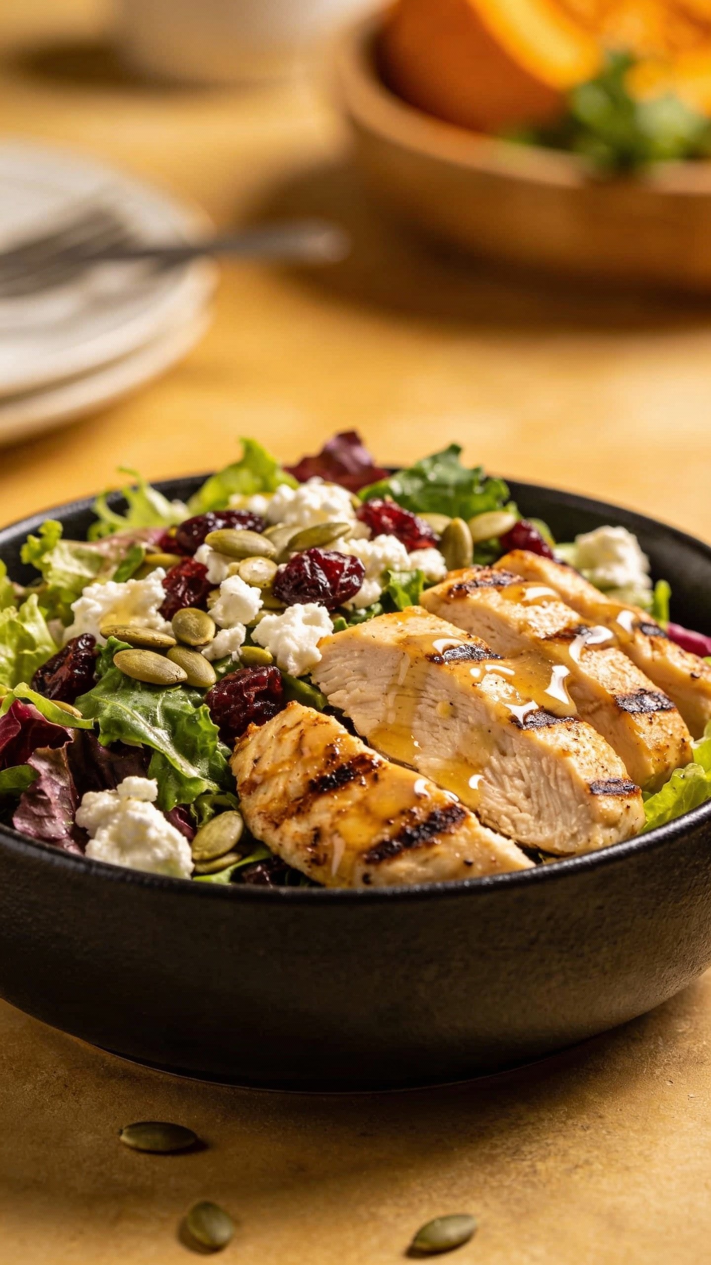 closeup harvest chicken salad in matte black bowl