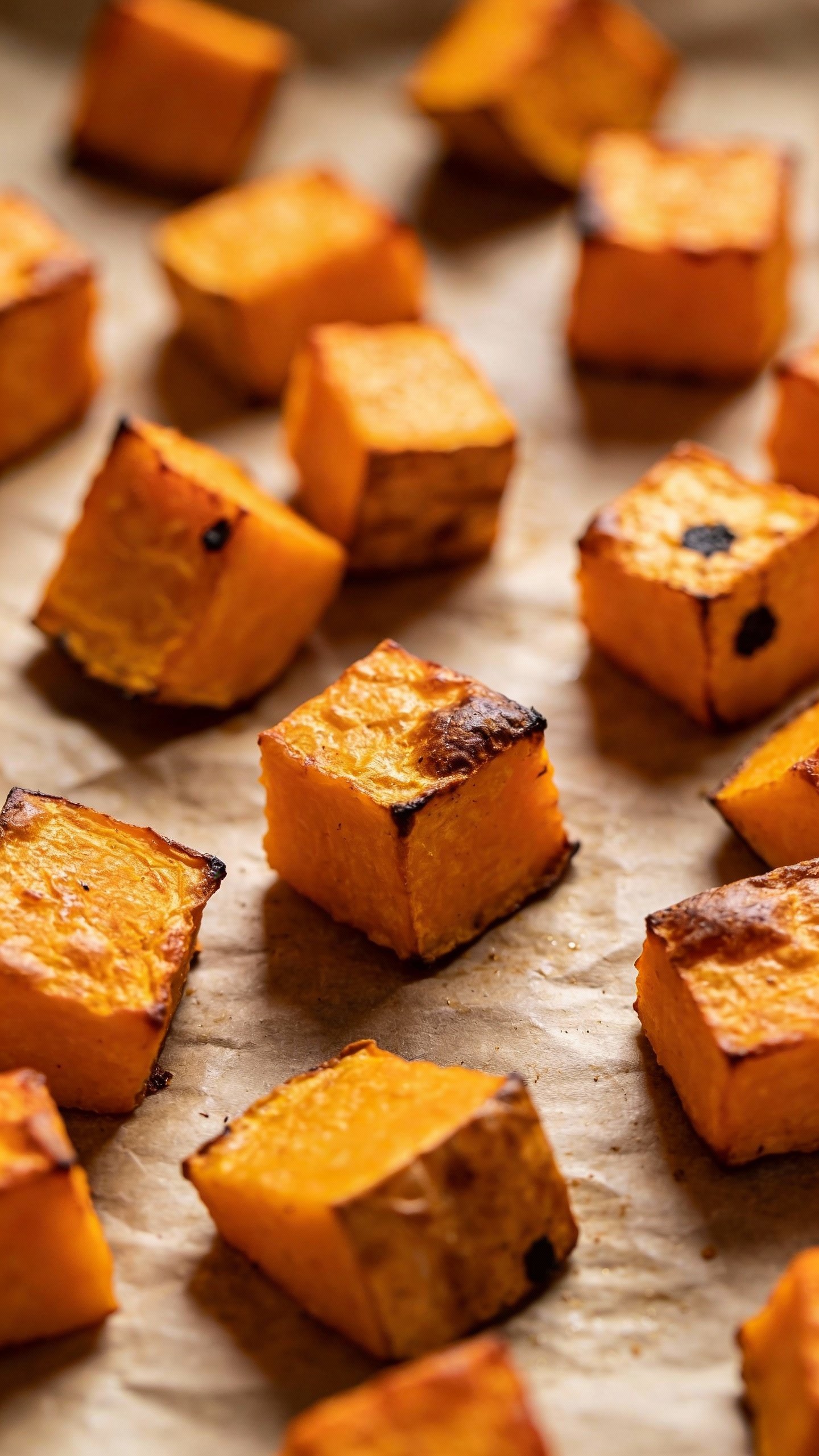 roasted butternut squash cubes on parchment, overhead