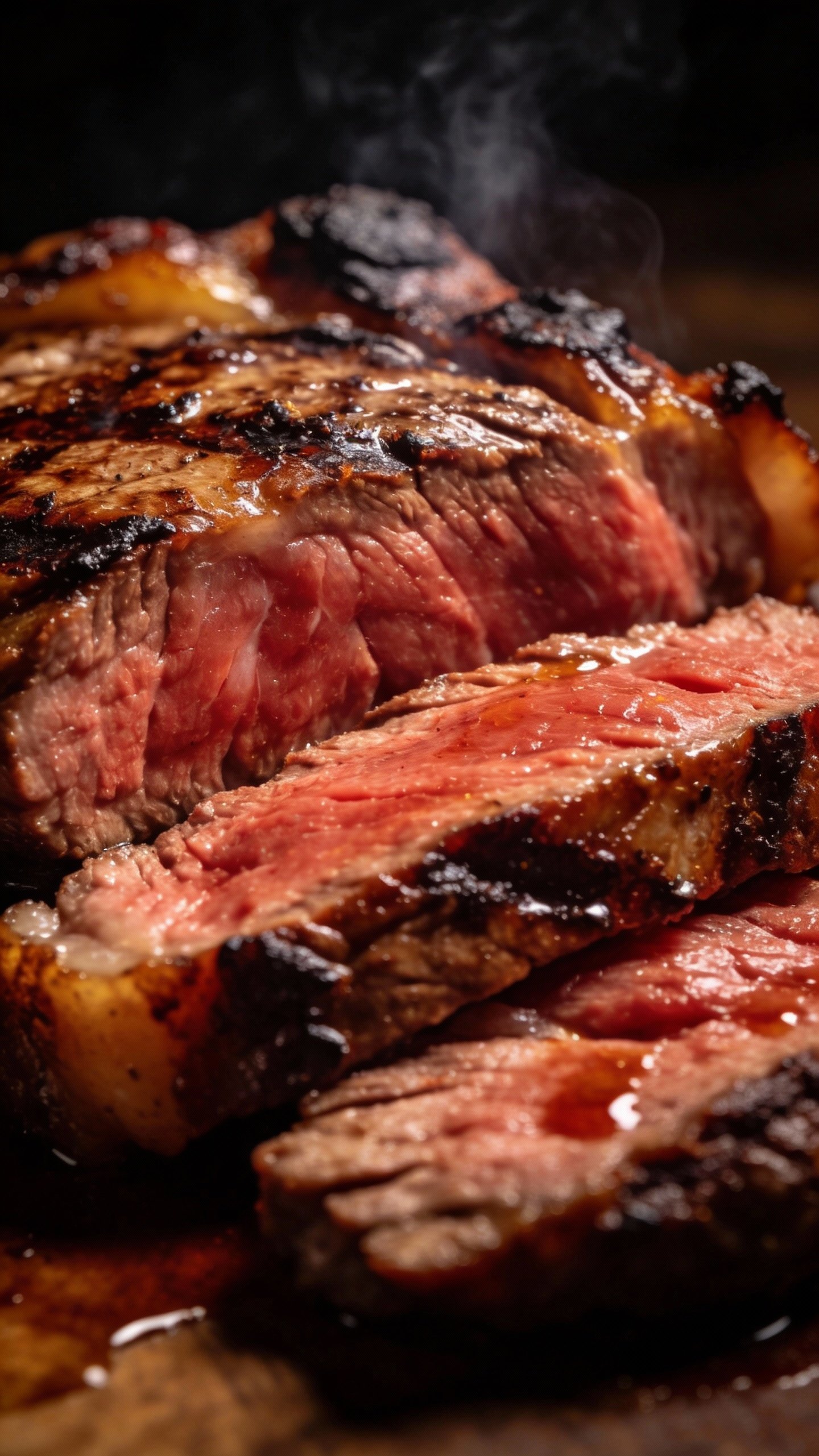 closeup of sliced grilled steak with smoky char, studio lighting