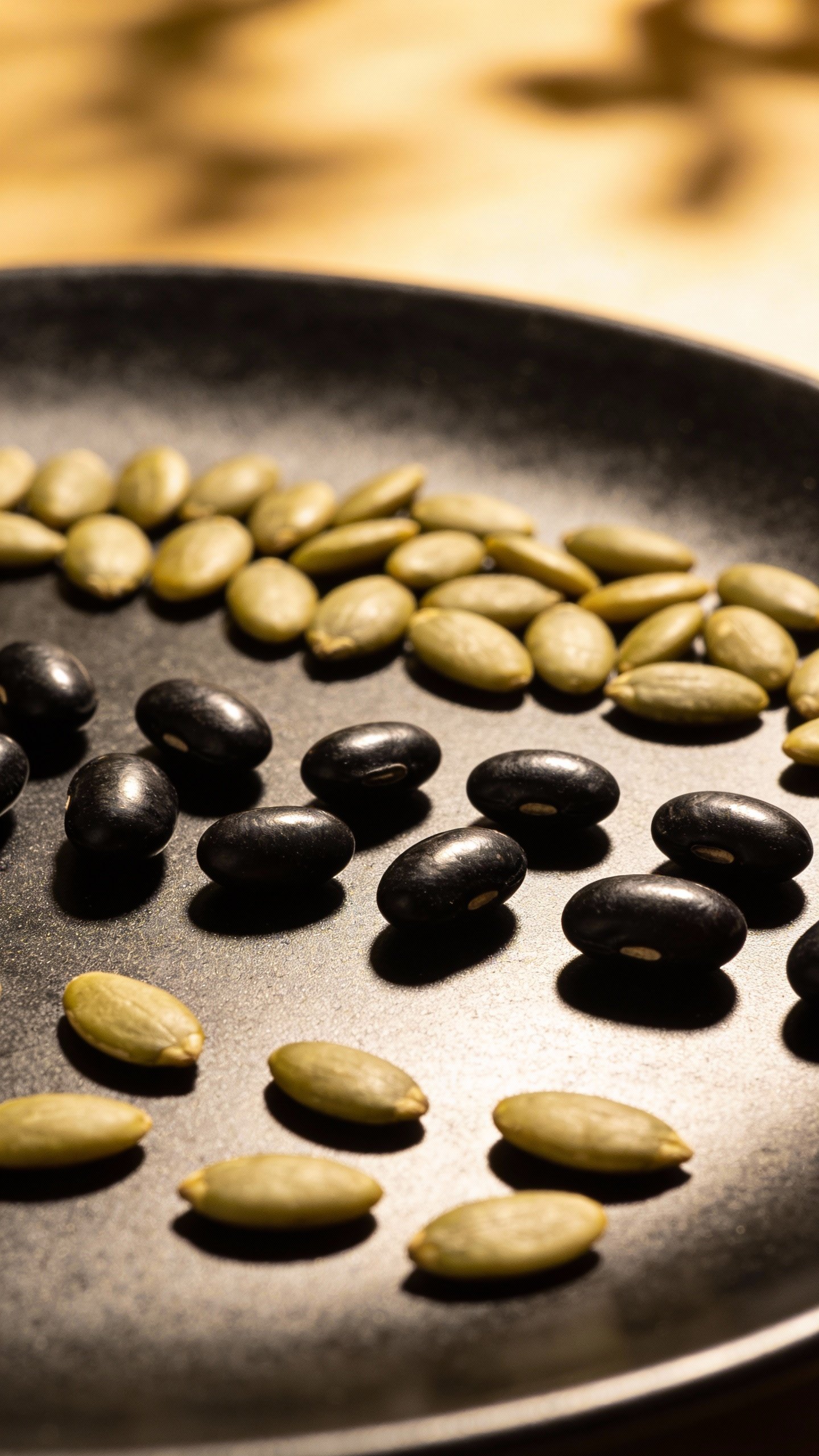 closeup of black beans with pepitas on matte black plate