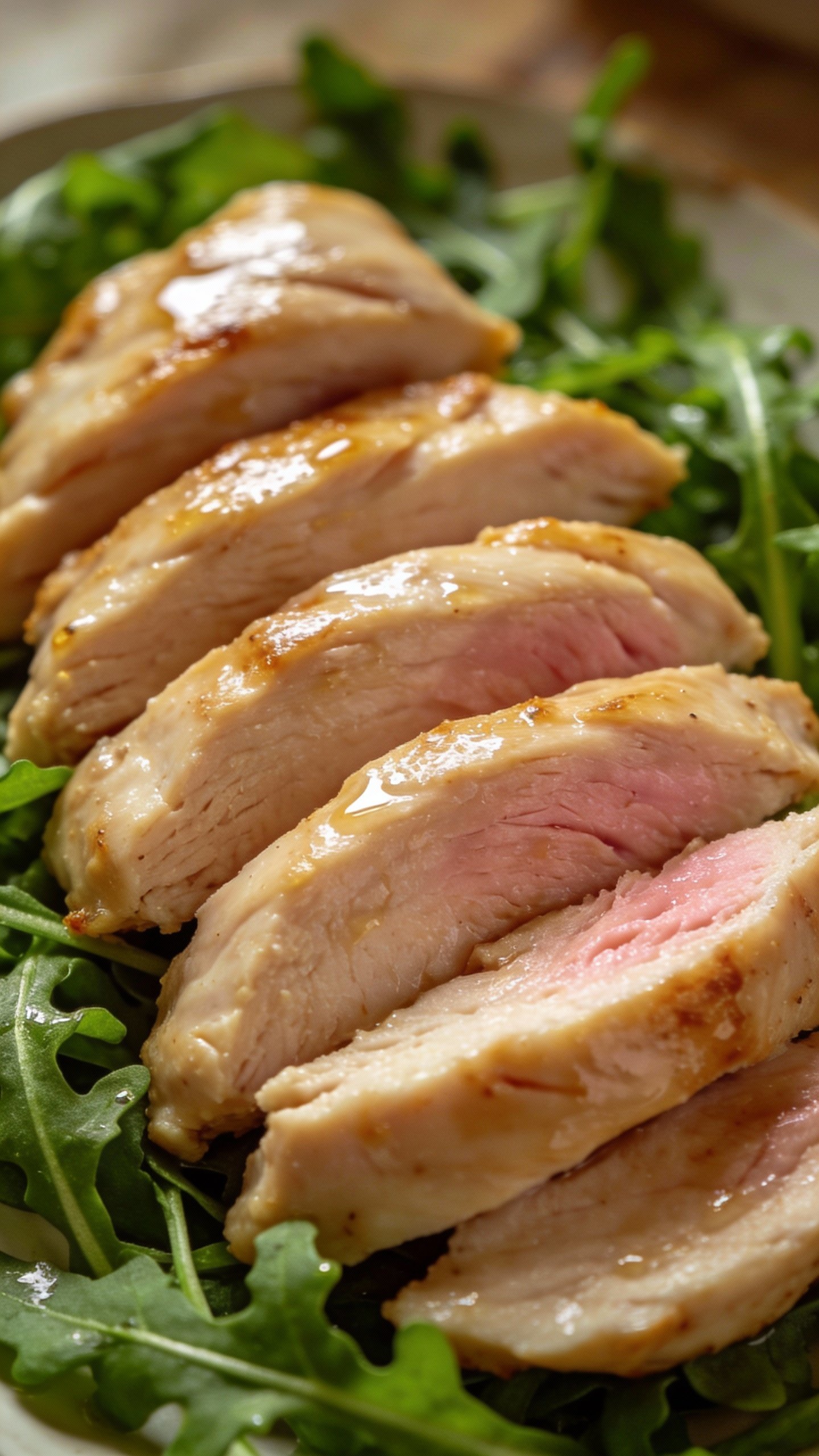 overhead shot of juicy sliced chicken breast on arugula