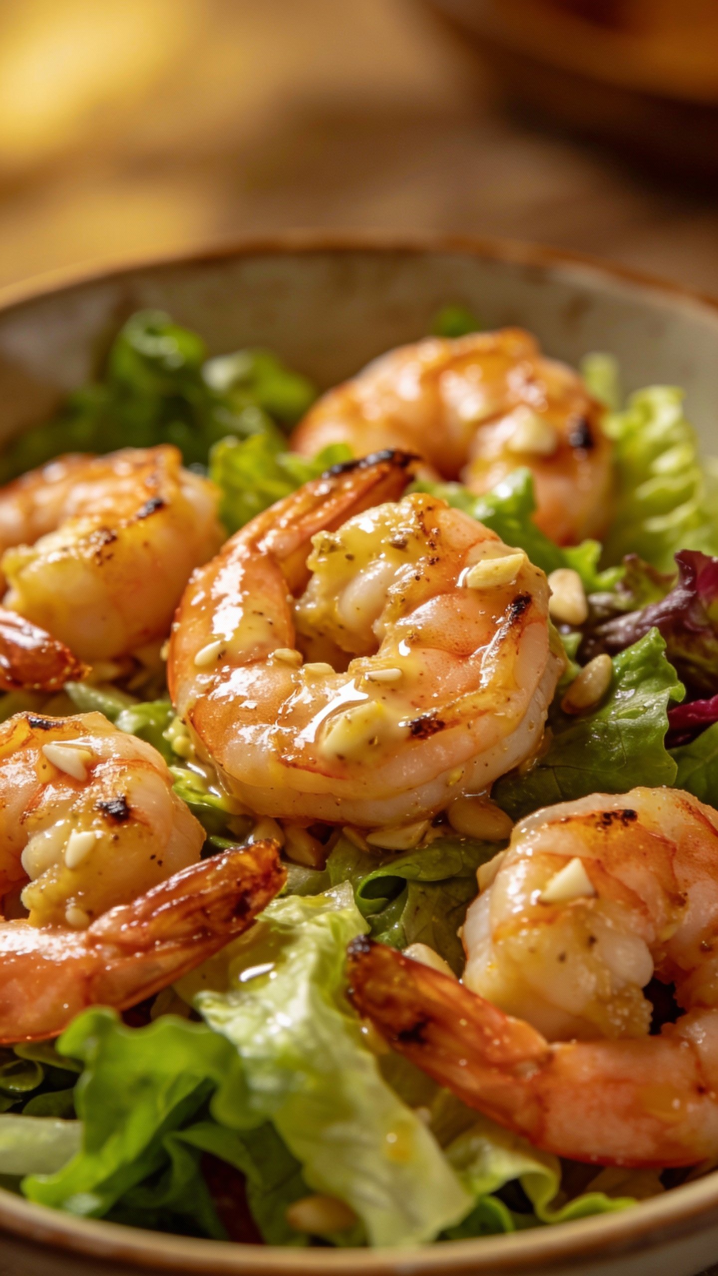 closeup bowl of garlic butter shrimp salad, crisp greens