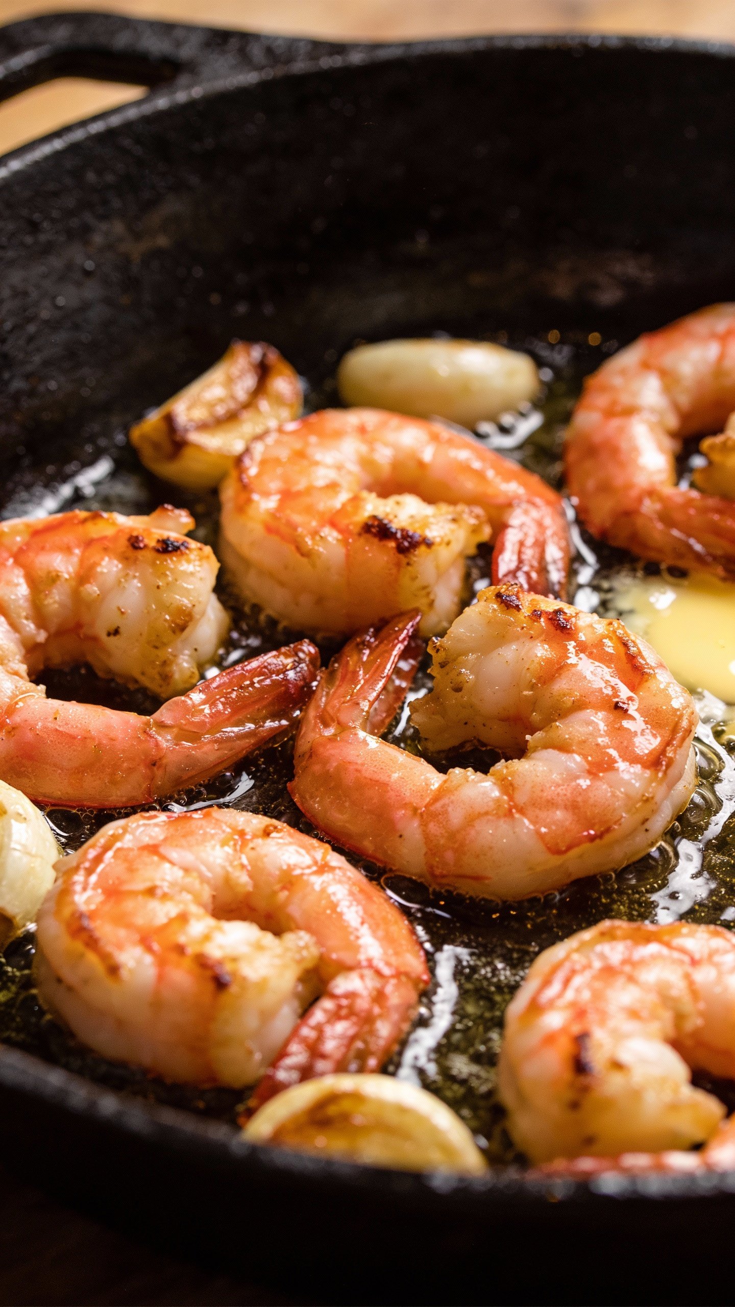 seared shrimp in garlic butter, sizzling in cast-iron skillet
