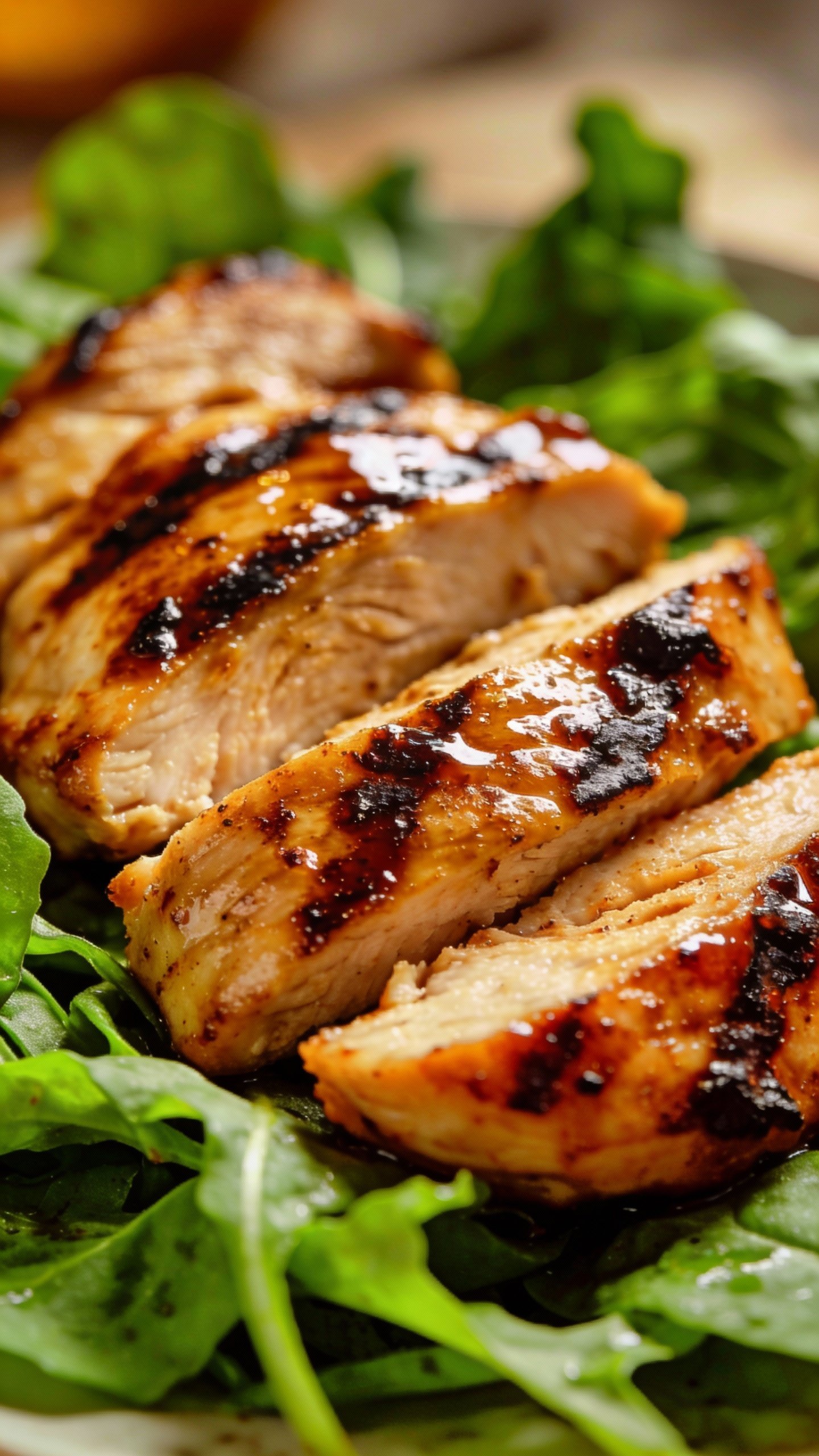 grilled BBQ chicken breast slices on greens, glossy closeup