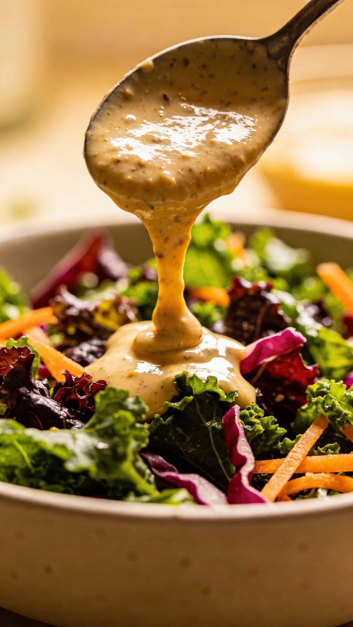 creamy zippy dressing spoon over chopped power salad greens