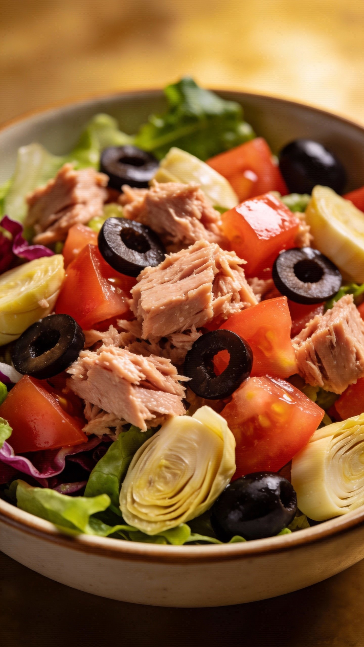 closeup bowl of high-protein antipasto salad with tuna