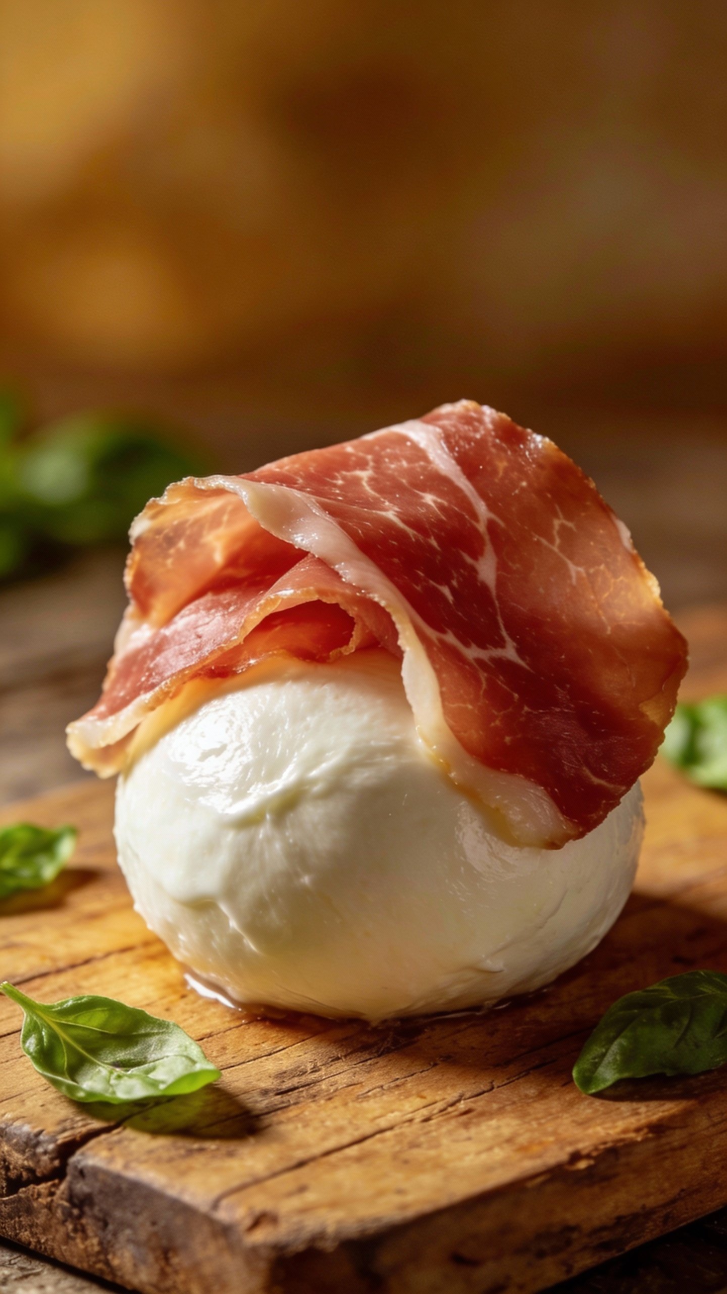 single slice of prosciutto draped over fresh mozzarella