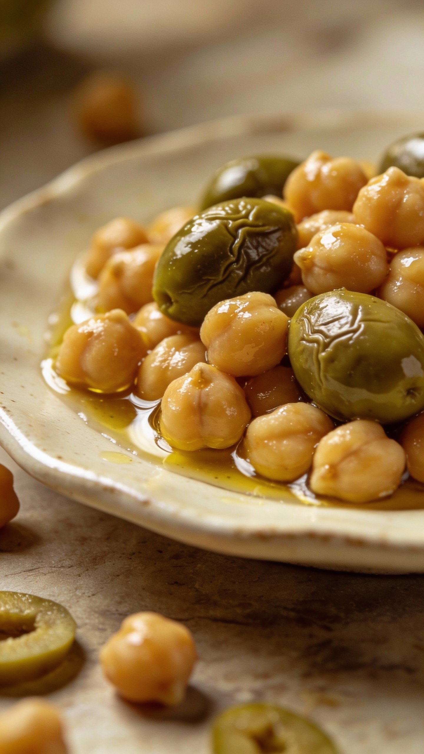 closeup of marinated chickpeas with olives on ceramic plate