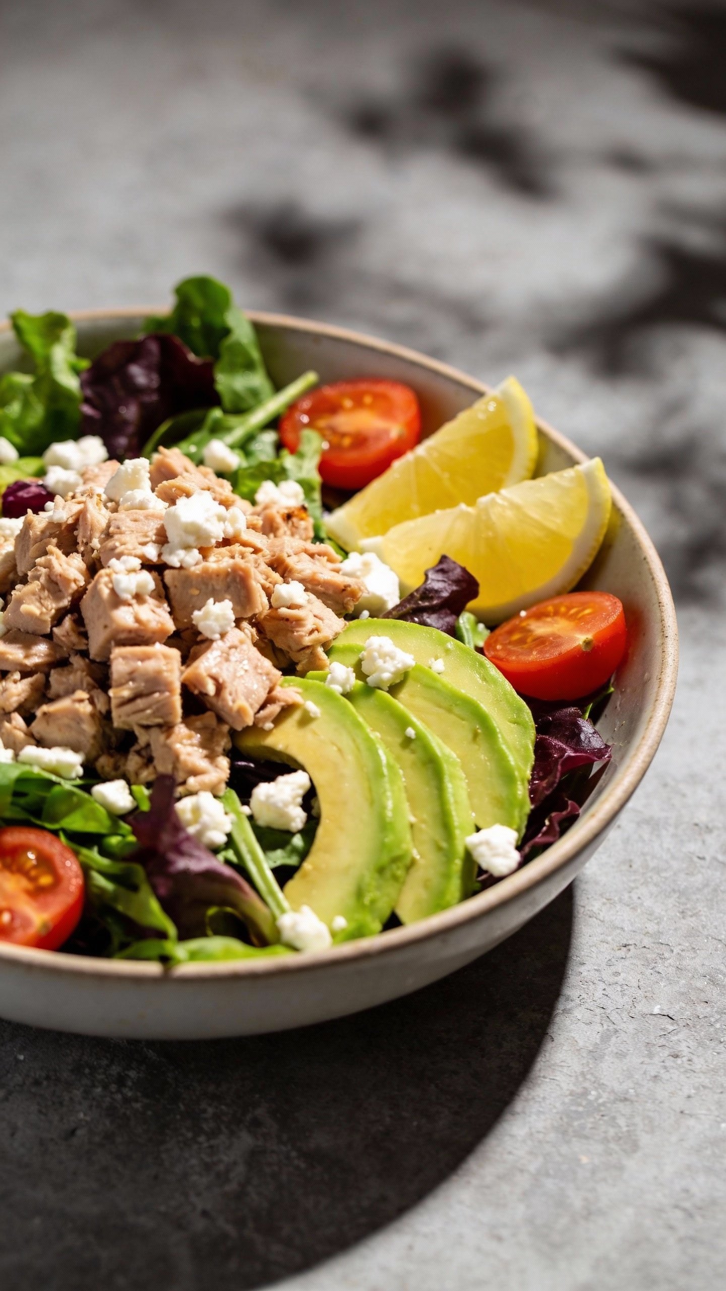 closeup bowl of turkey and avocado salad on slate