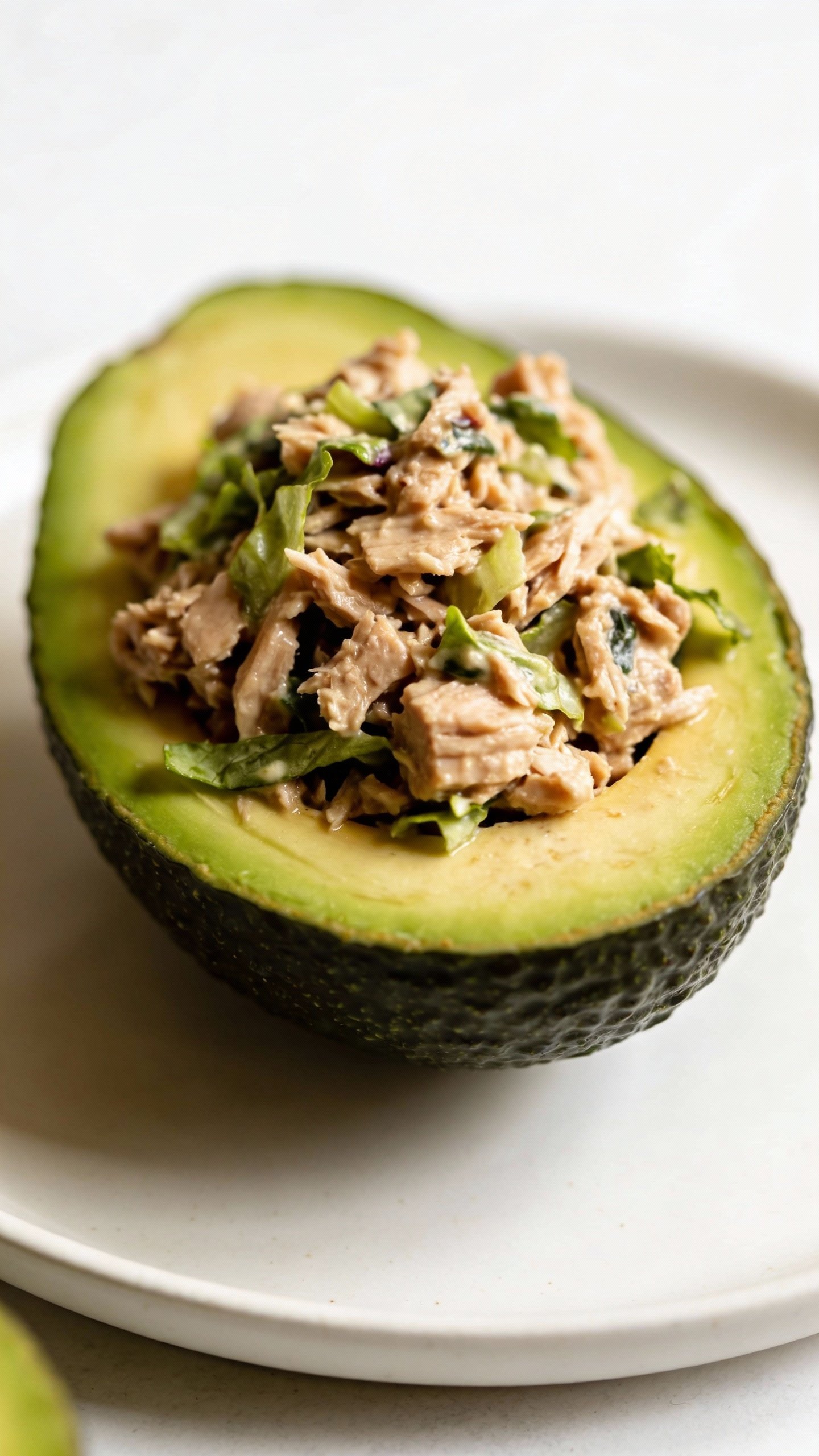 halved avocado filled with turkey salad on white plate