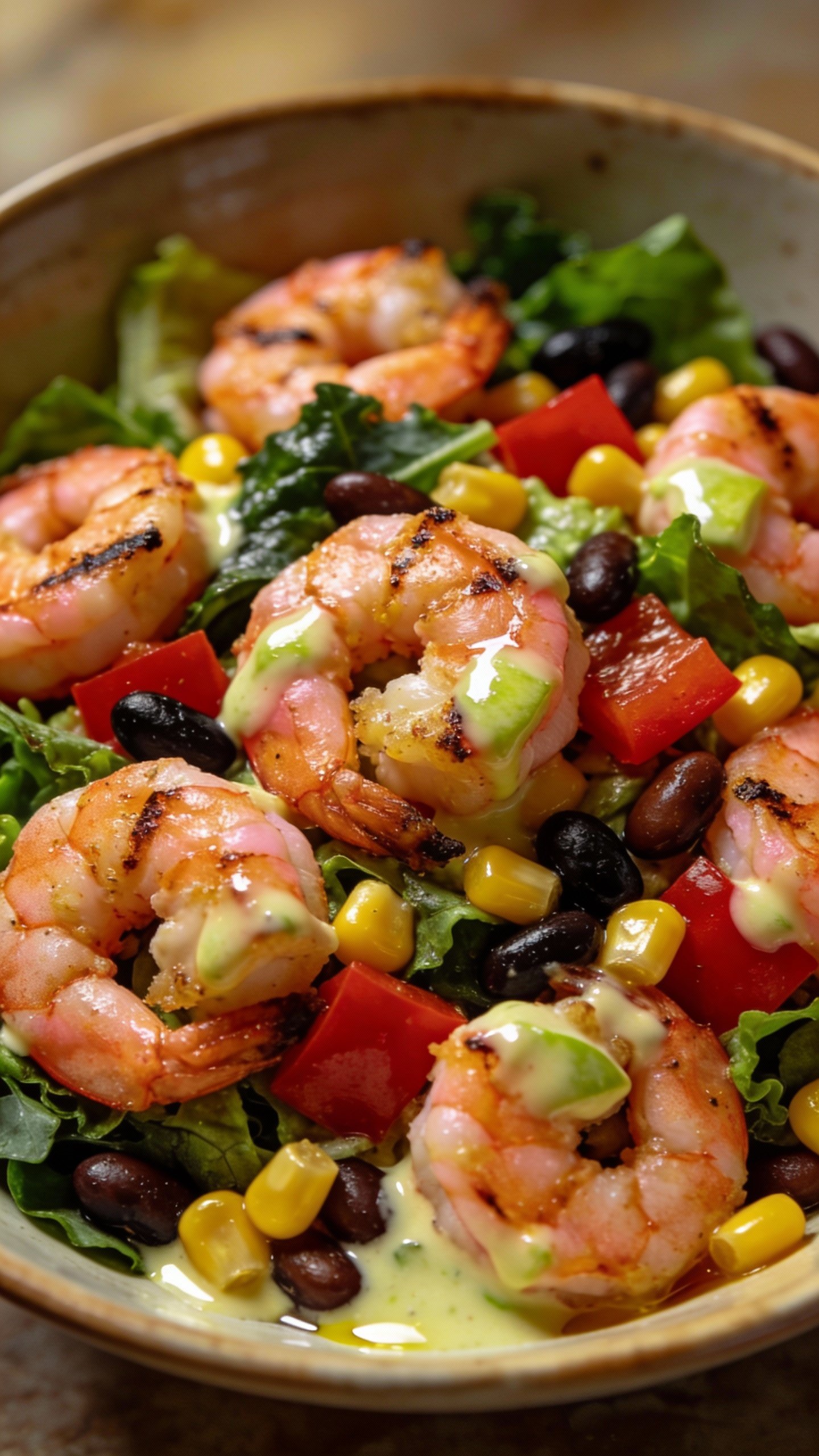 closeup bowl of Southwest shrimp salad with creamy-lime dressing
