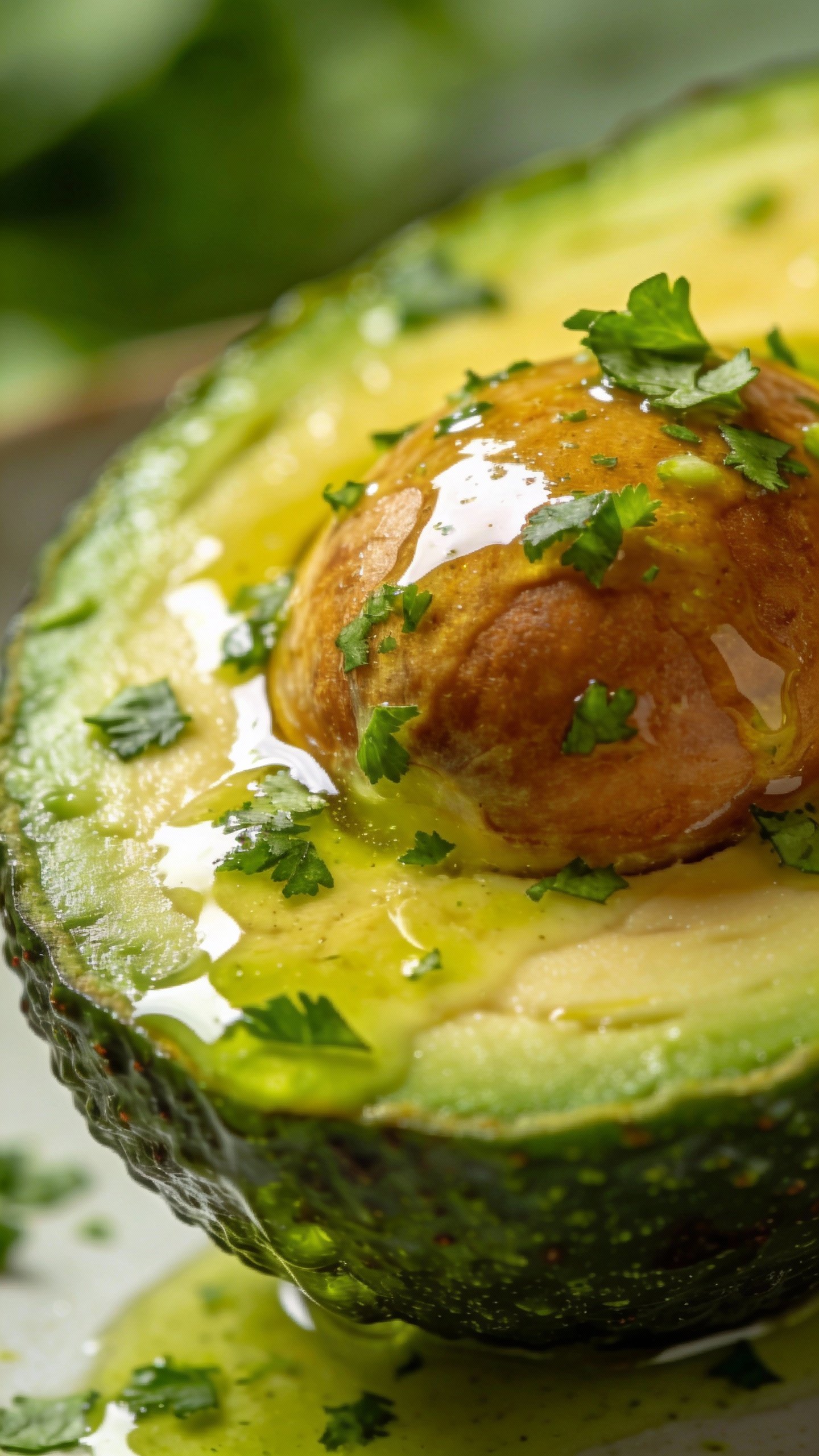 halved avocado topped with cilantro-lime dressing, closeup