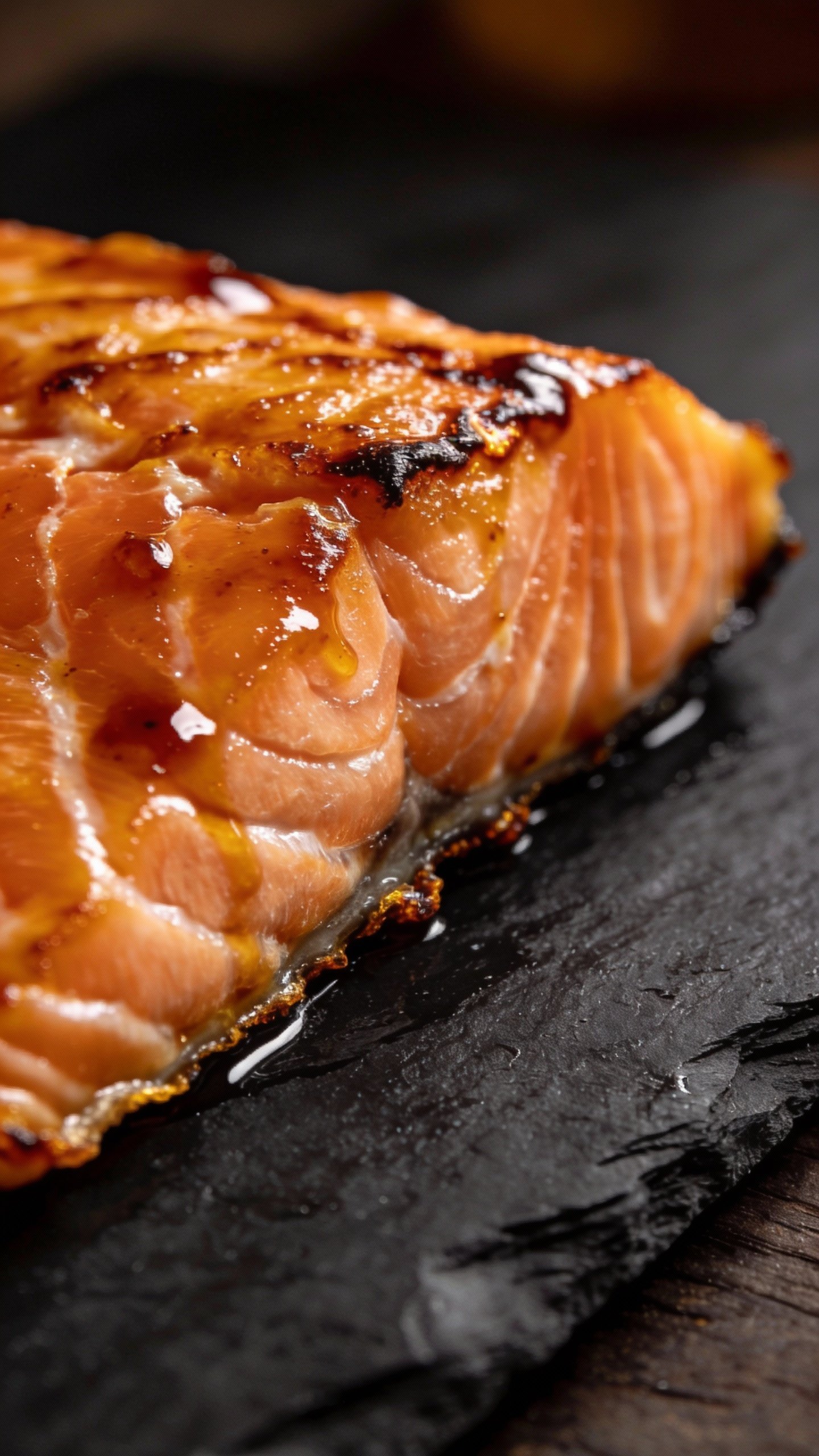 closeup teriyaki-glazed salmon fillet on black slate